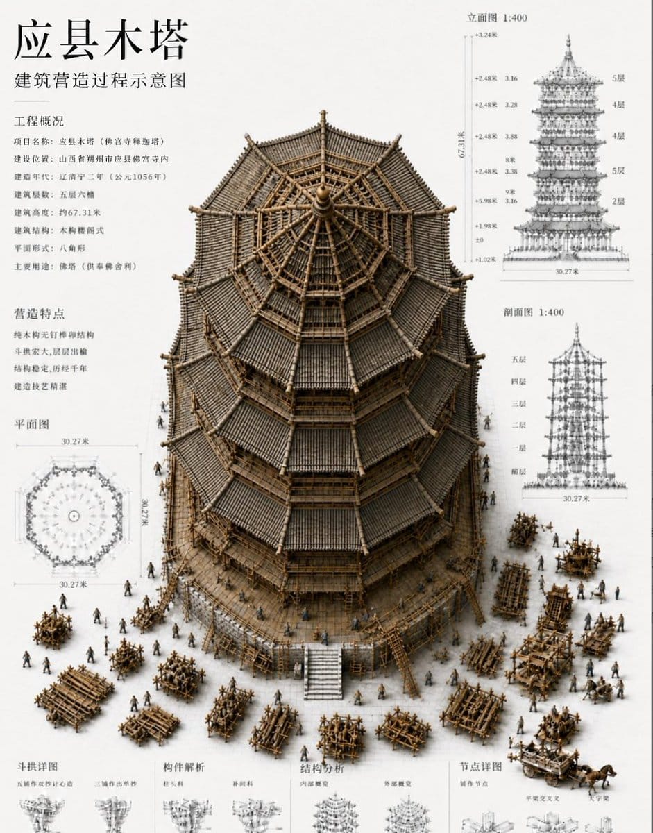 古代木塔建造过程3D剖面建筑蓝图