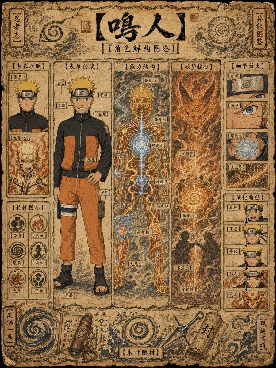 古代忍者角色解剖手稿档案图