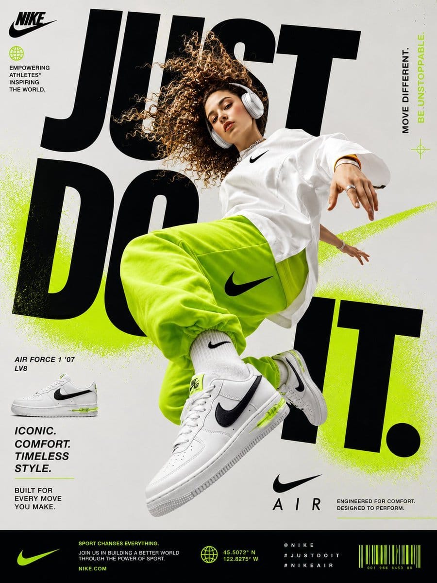 Nike运动鞋创意广告海报：空中姿态与字体融合