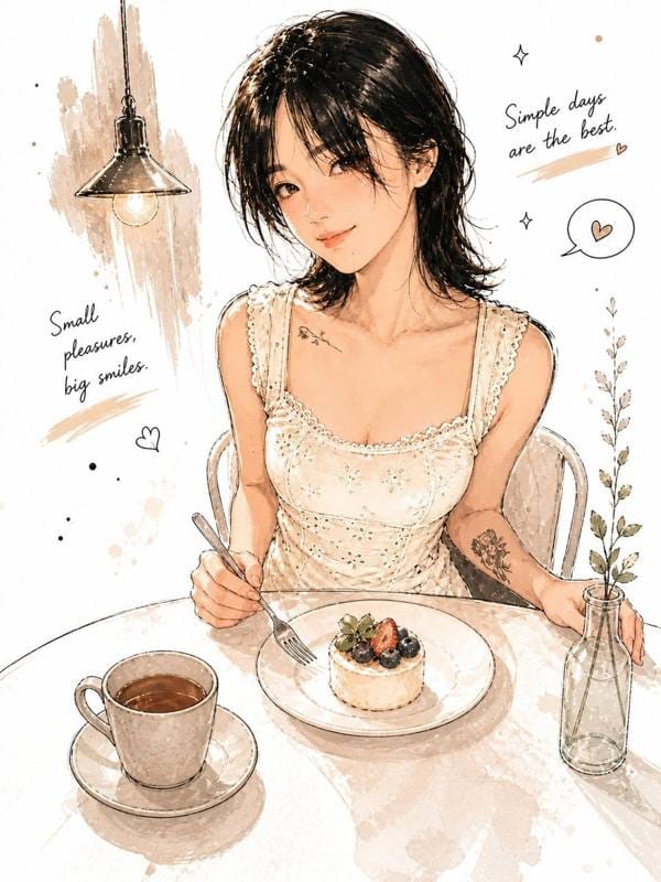 水彩手绘咖啡店少女插画