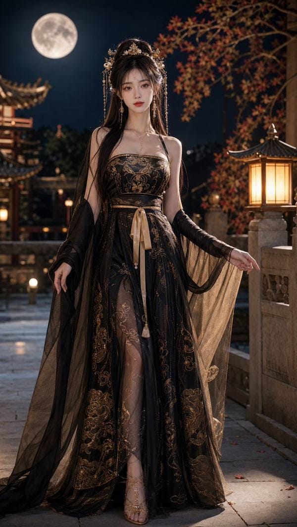 黑金唐制汉服夜景月下写真