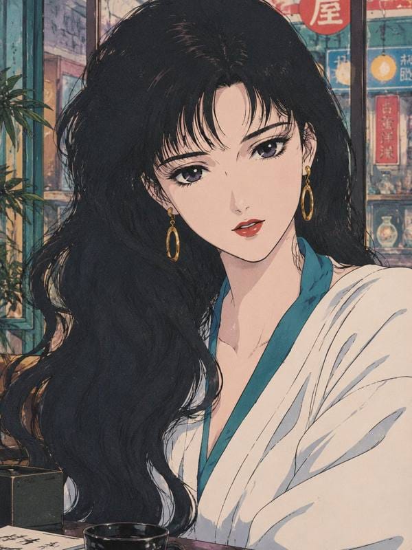 复古少女漫画风黑白卷发少女插画