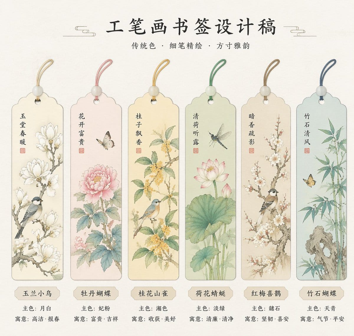 绝美国风工笔画书签设计