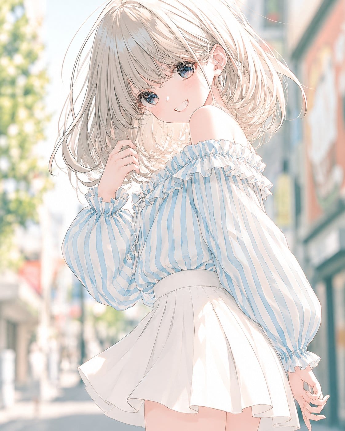 Anime Girl in Striped Off-Shoulder Blouse
