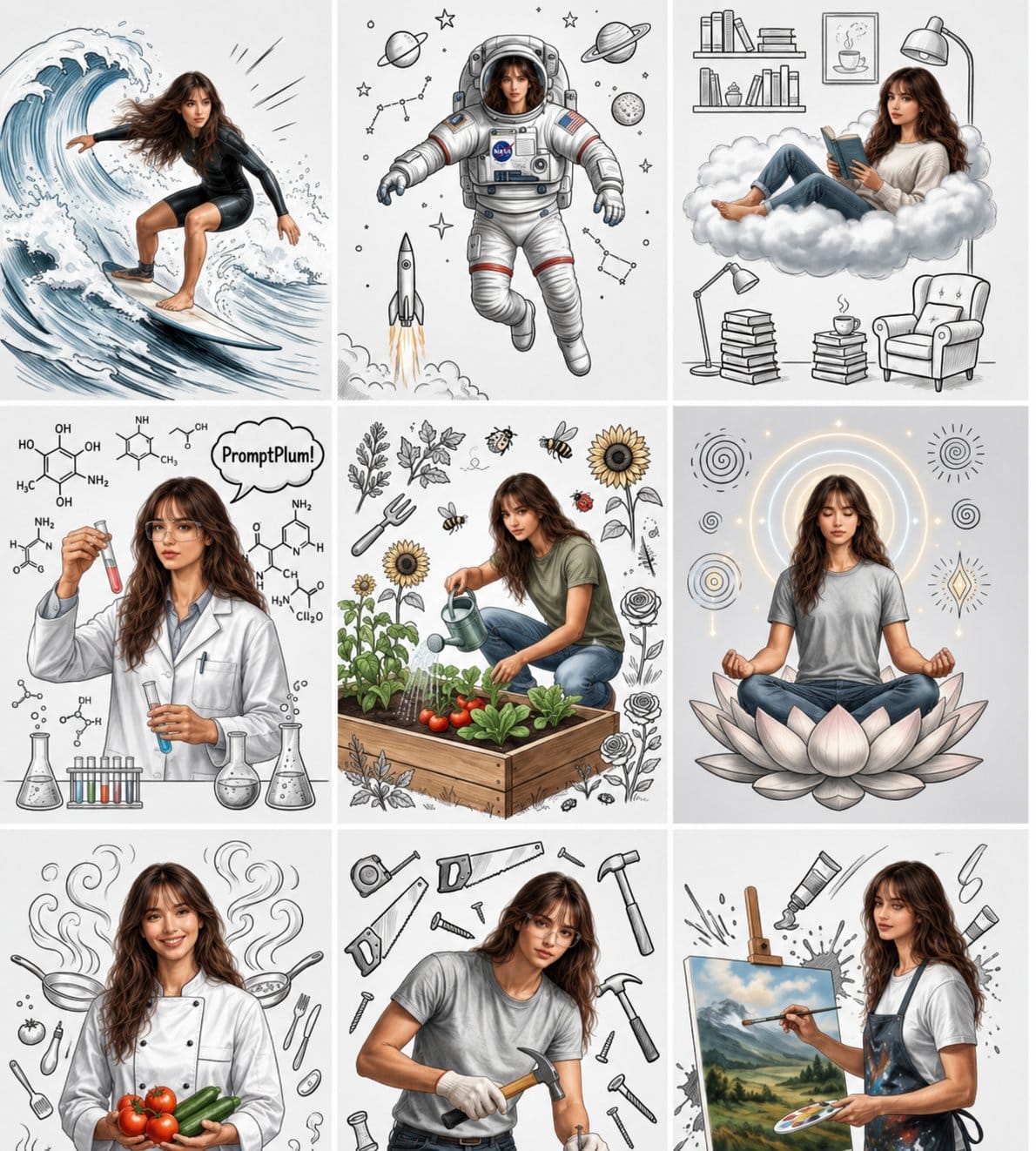 Consistent Character Nine-Panel Illustration Collage