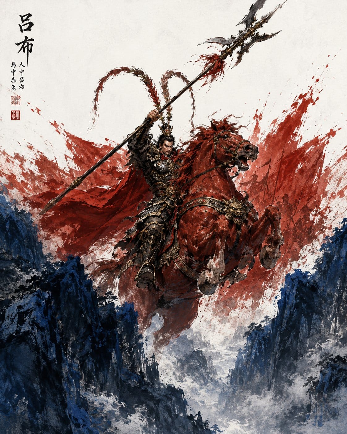 吕布骑赤兔水墨画