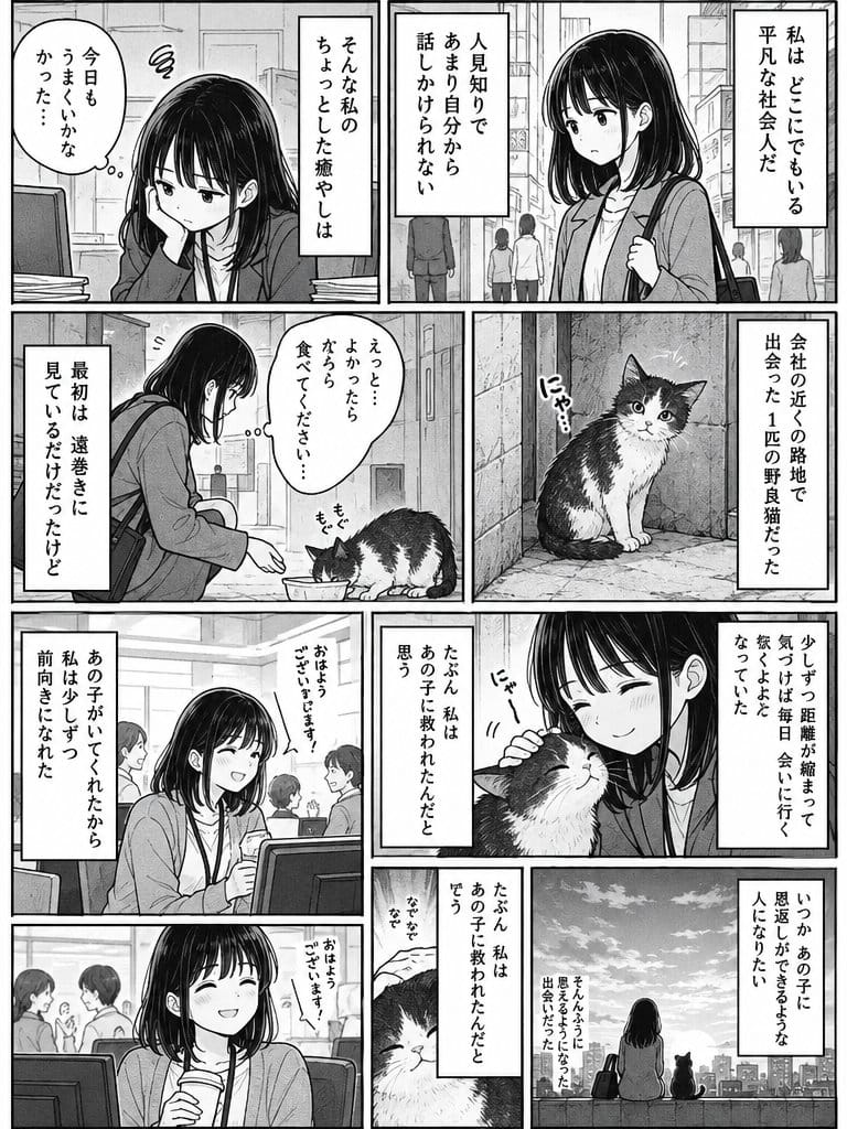 黑白漫画：职场女性与流浪猫