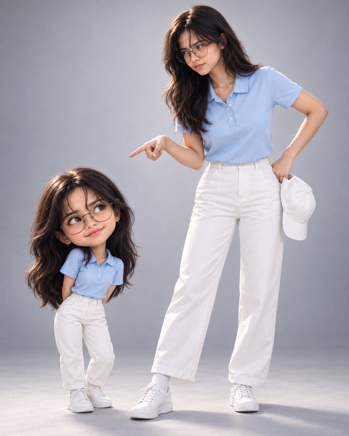 女性与同款 3D 大头公仔