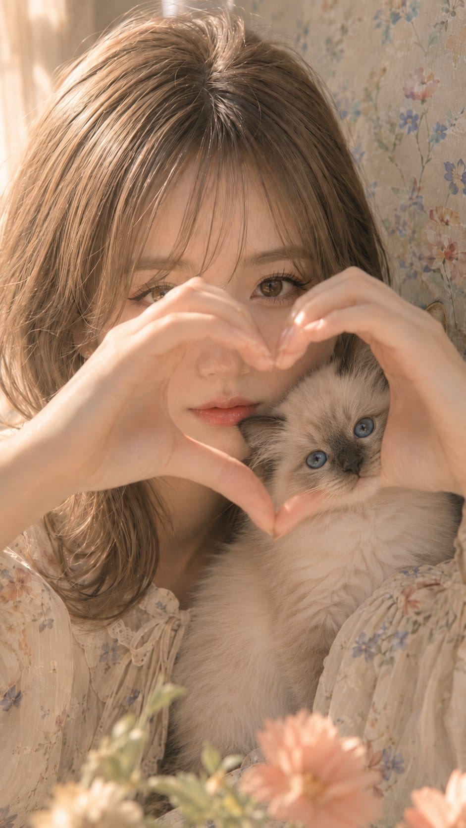 小猫与花朵爱心