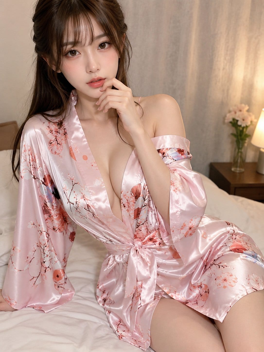 粉色缎面花卉睡袍夜景提示词