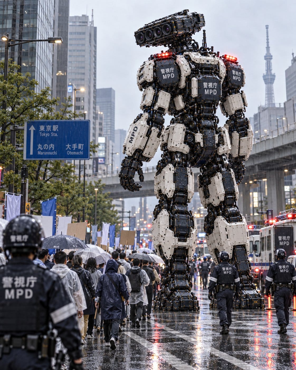 Giant Police Robot in Rainy Tokyo Protest