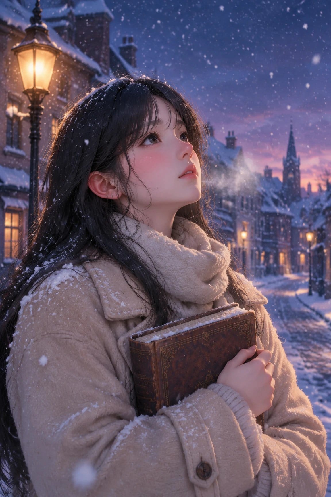 雪中街头阅读的女子