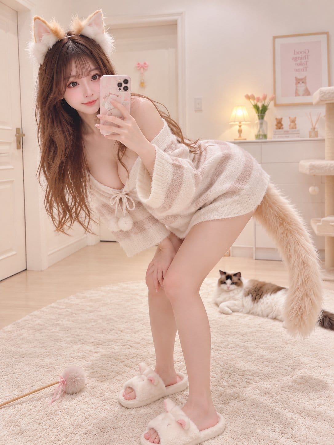GPT Image 2 猫耳针织毛衣自拍提示词