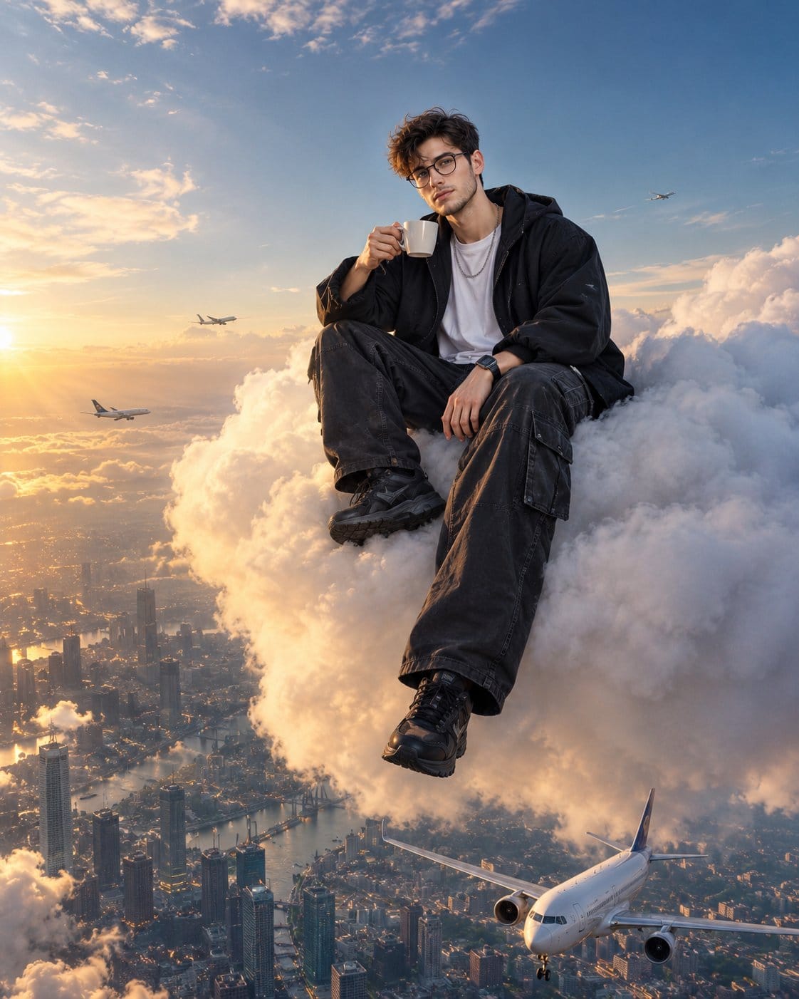 超现实男子云端俯瞰城市