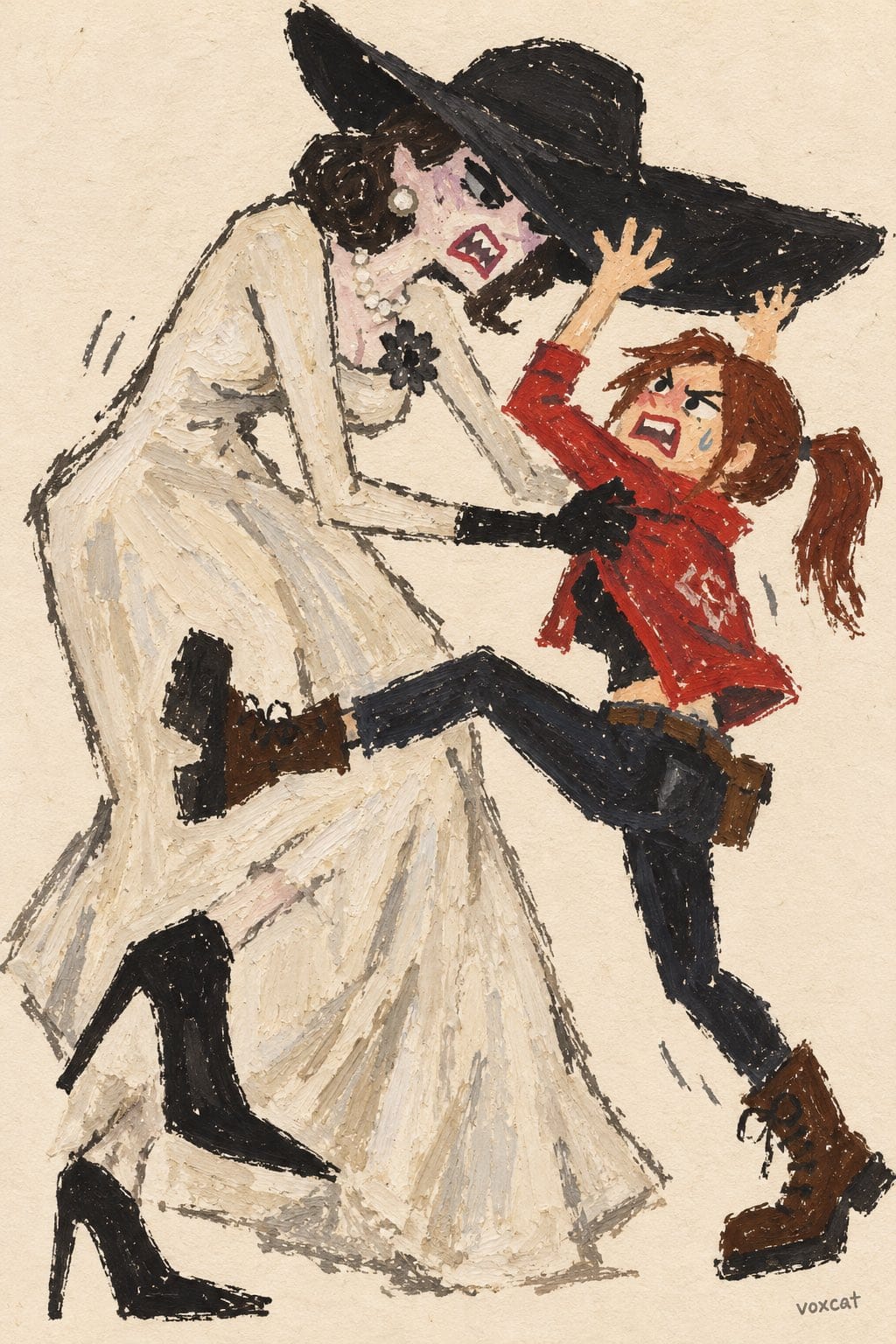 新天真风格角色打斗插画提示词