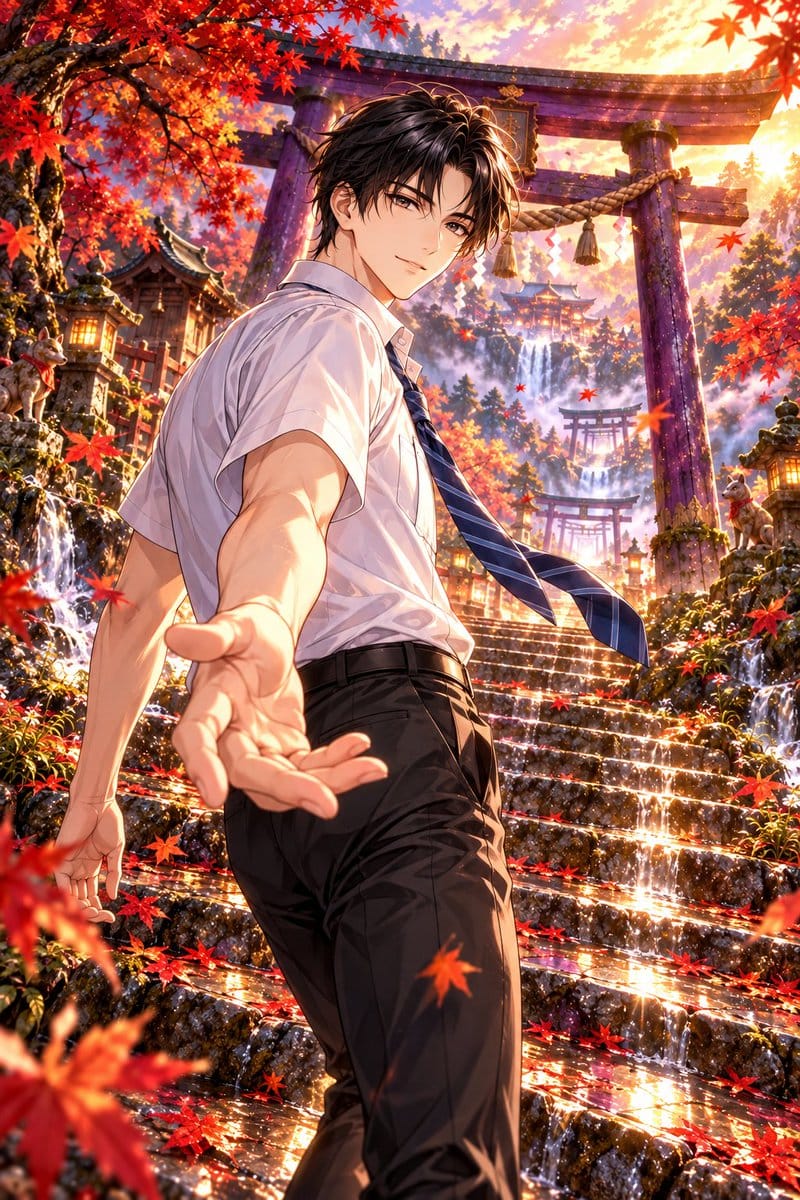 Autumn Shrine Background with Purple Torii