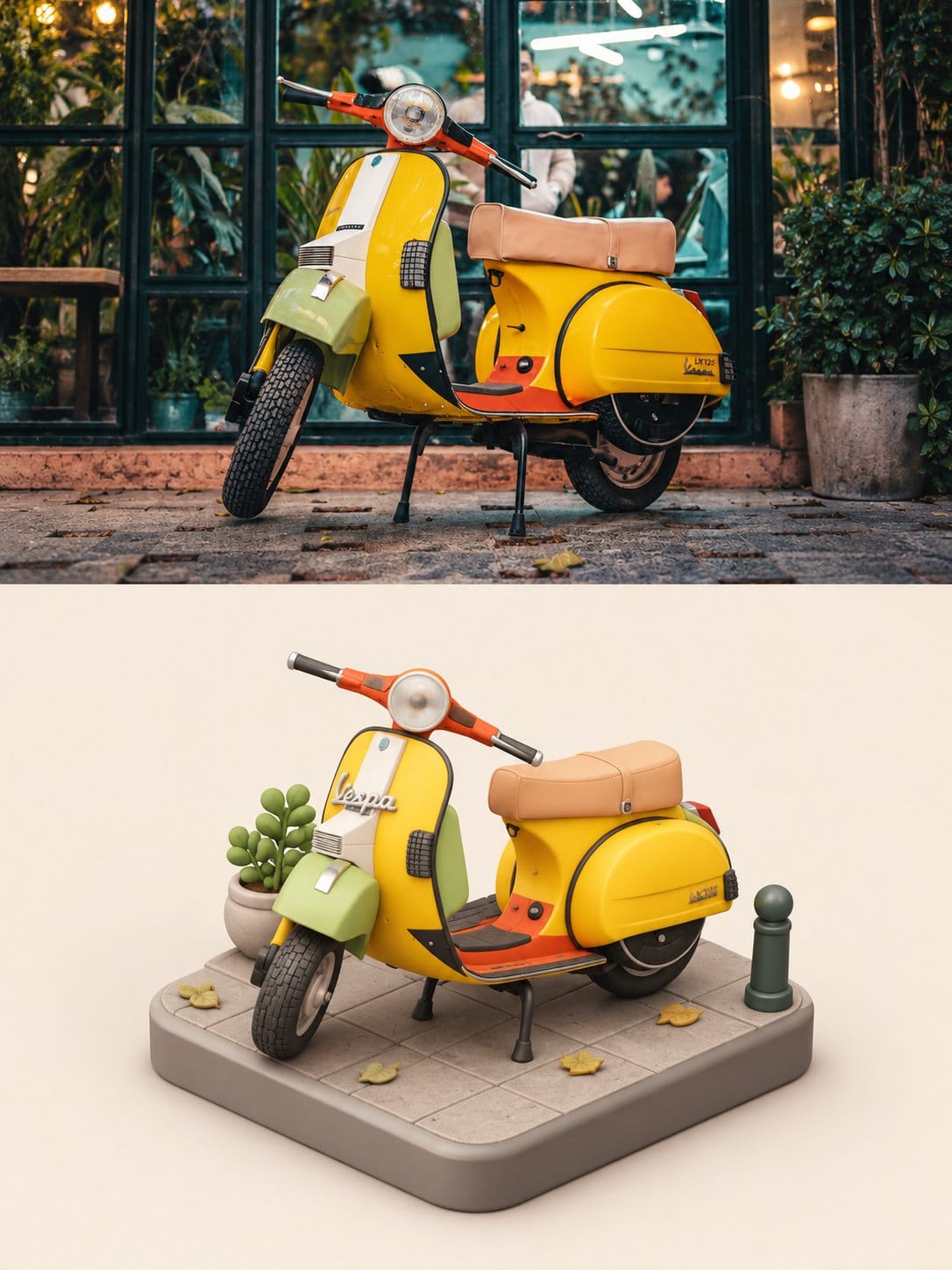 Vespa 踏板摩托车：真实照片与微缩景观对比