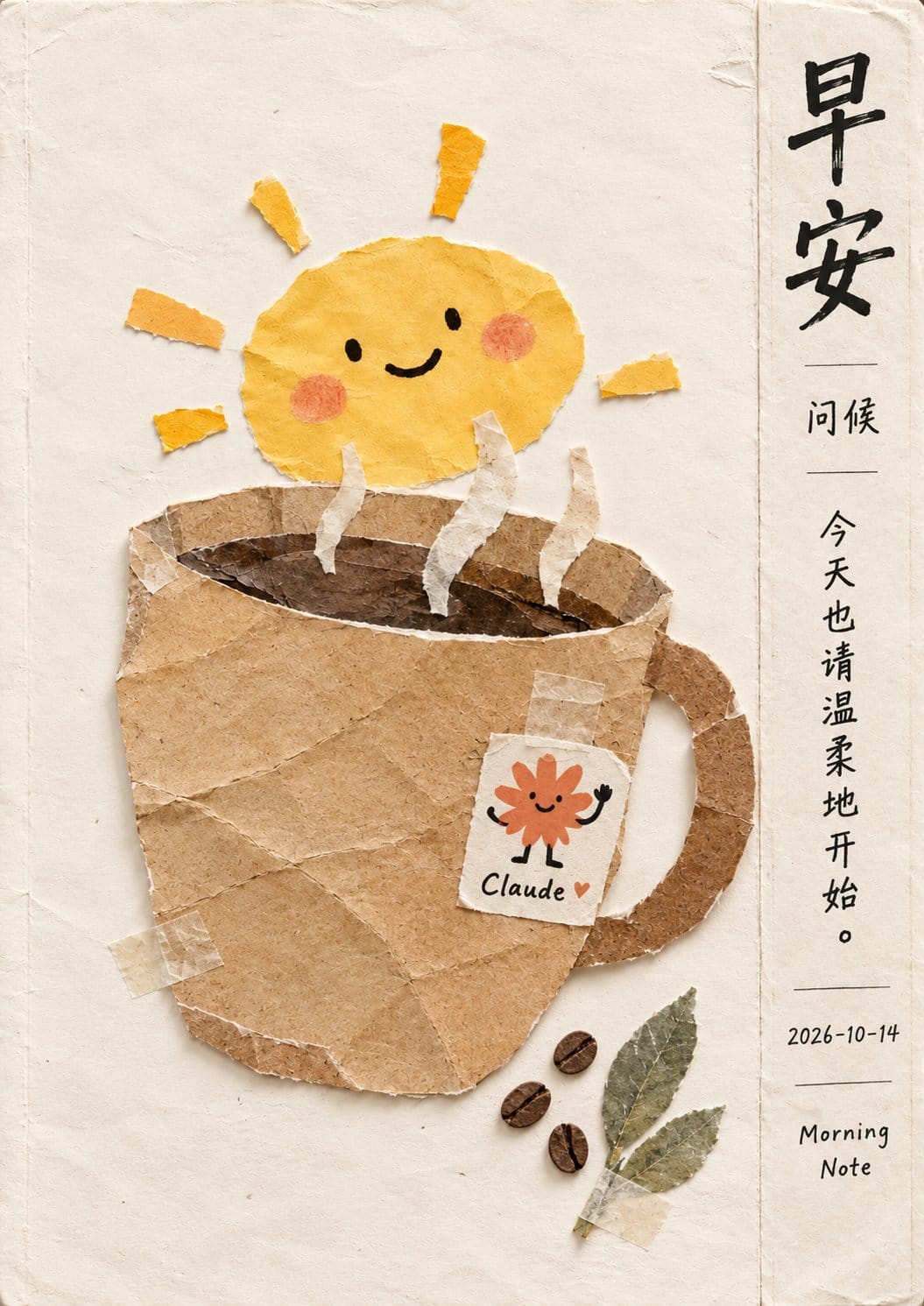 手工纸拼贴晨间咖啡插画