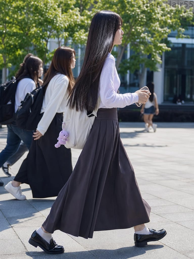 穿棕色百褶裙行走的学生