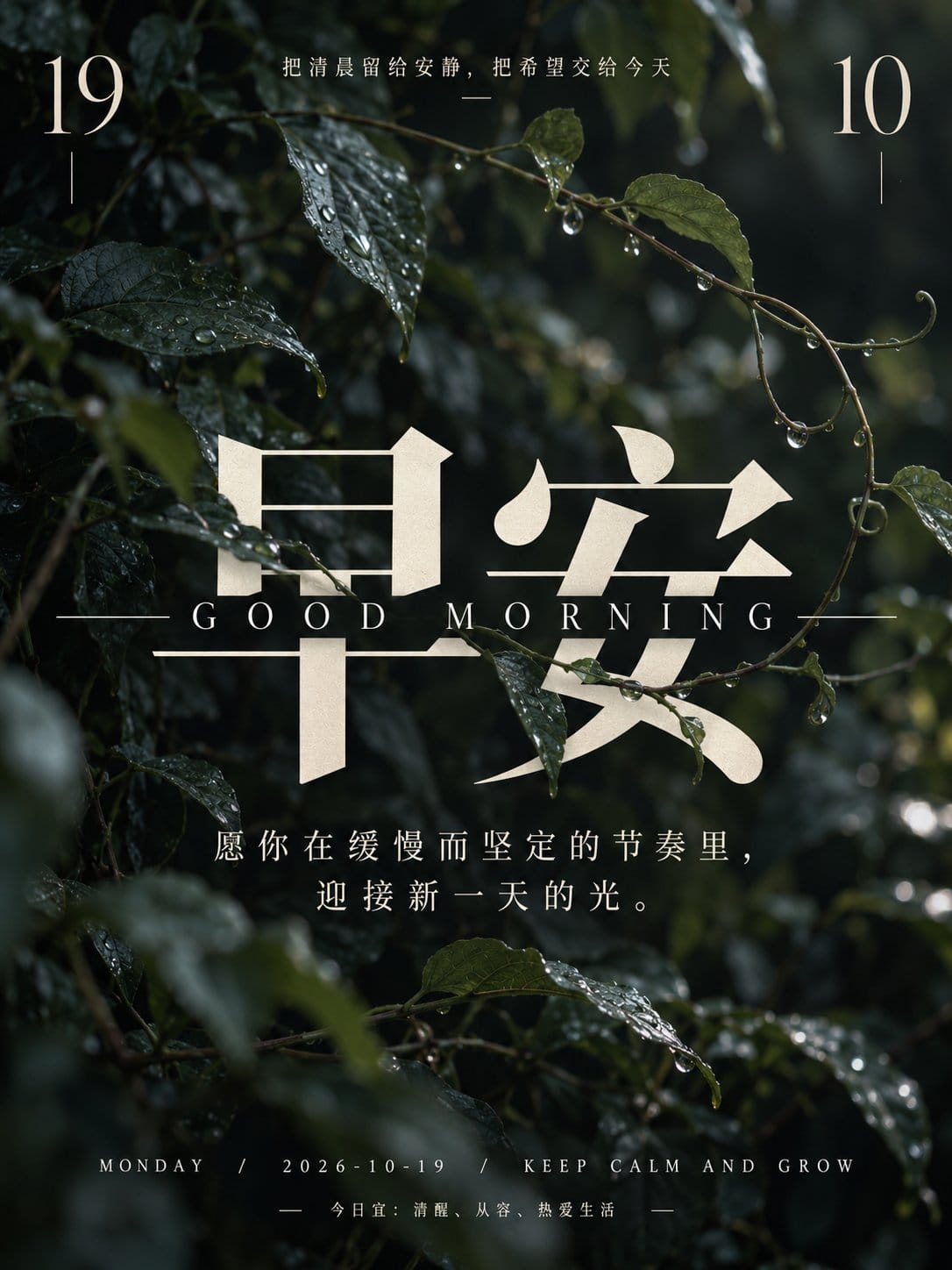 治愈系晨间海报：带露珠的绿叶