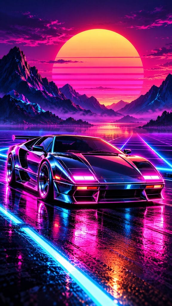 日落下的合成波跑车