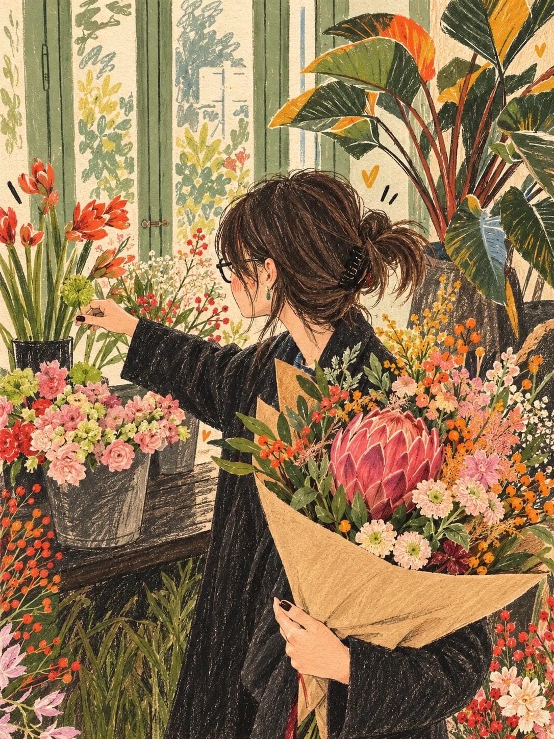 温馨场景复古素描本插画