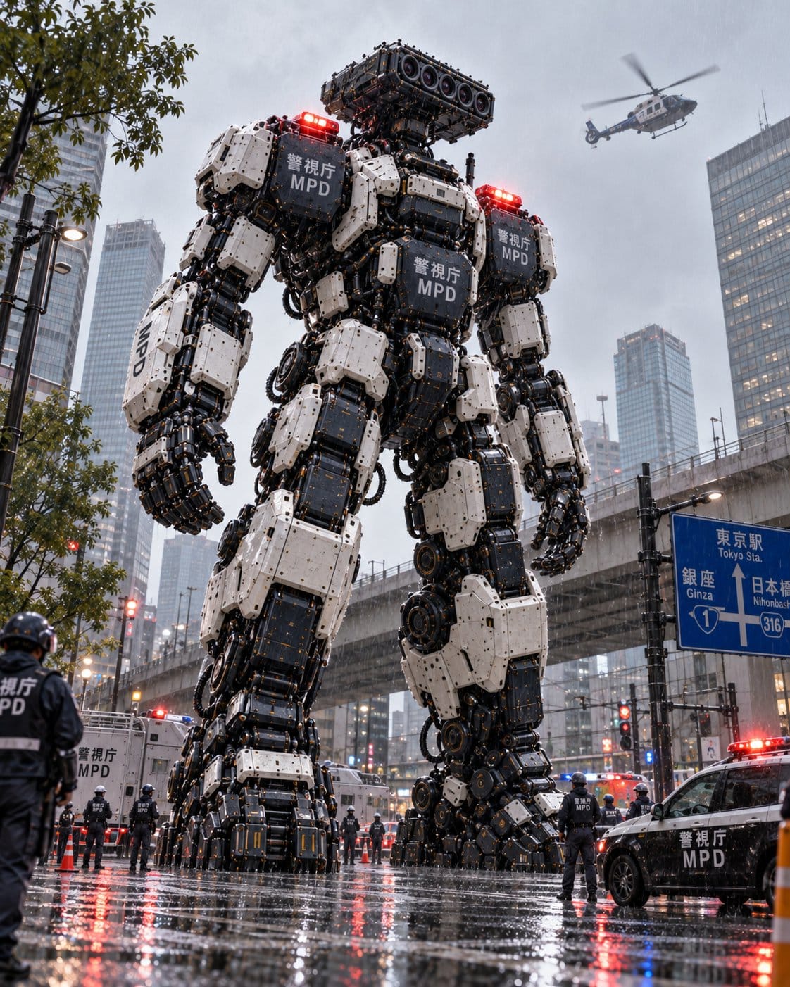 雨中东京的巨型 MPD 机器人