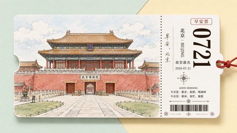 城市地标旅行票券：线描淡彩插画+竖排票根