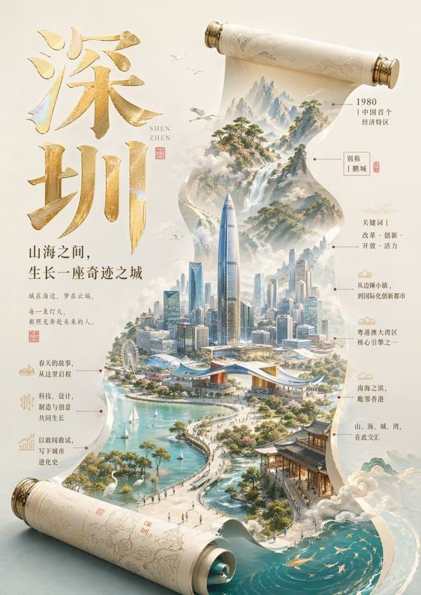 诗画卷轴世界海报：悬浮手卷生长诗意微缩景观