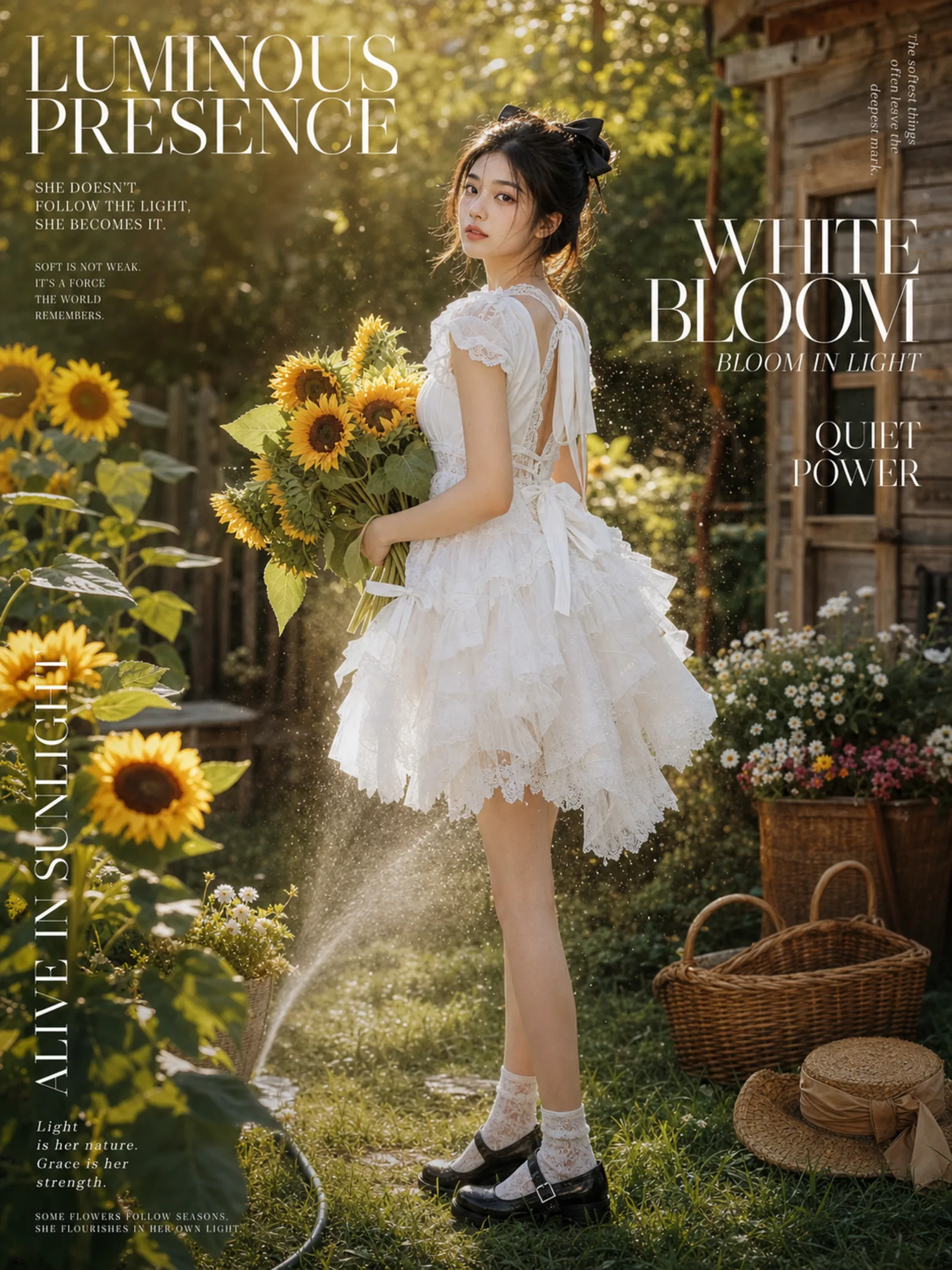 夏日花园里的唯美杂志写真海报，一位年轻成年亚洲女性，清冷淡颜，精致五官，干净自然