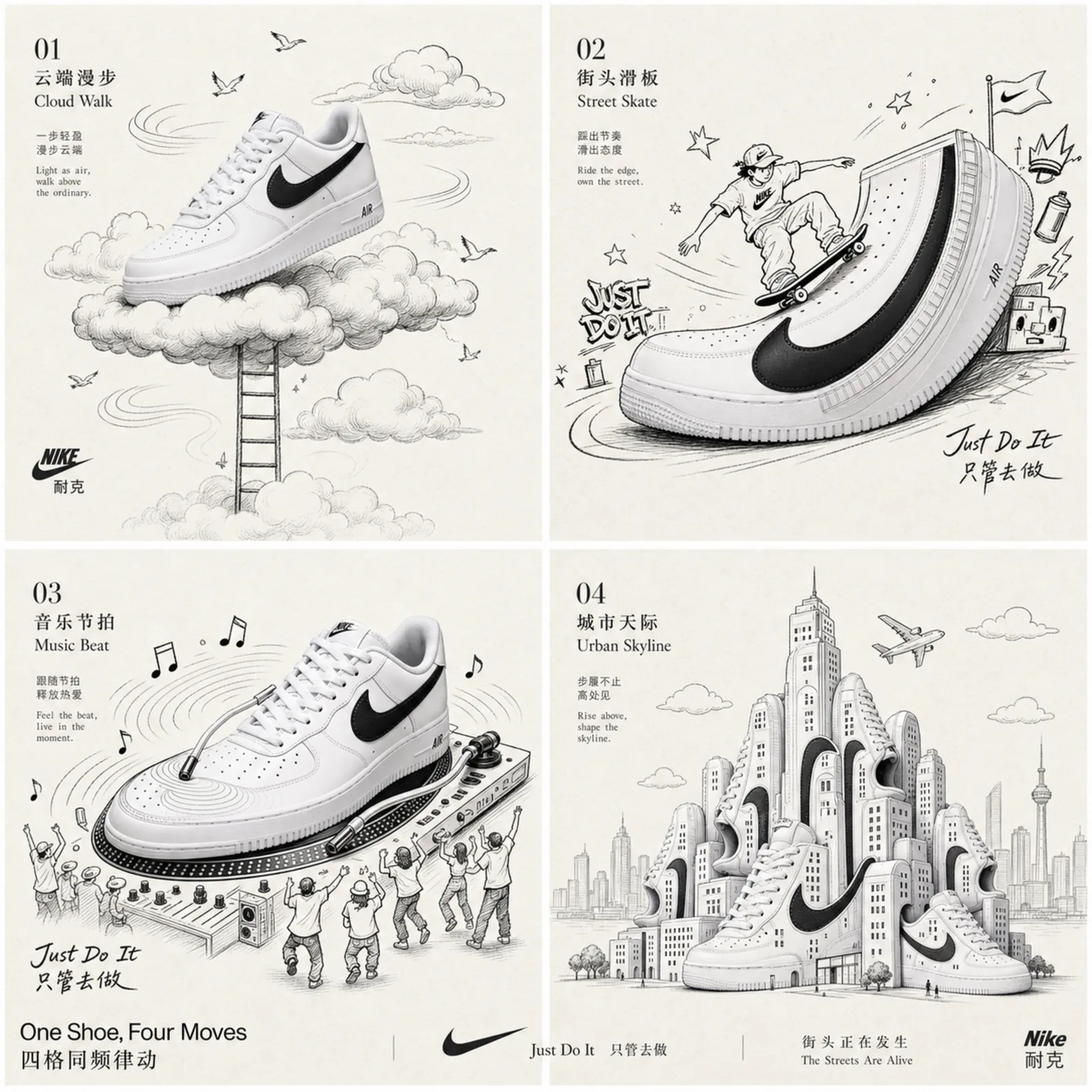 请生成一张高端1×1网格广告海报，为 Nike Air Force 1 创作。【