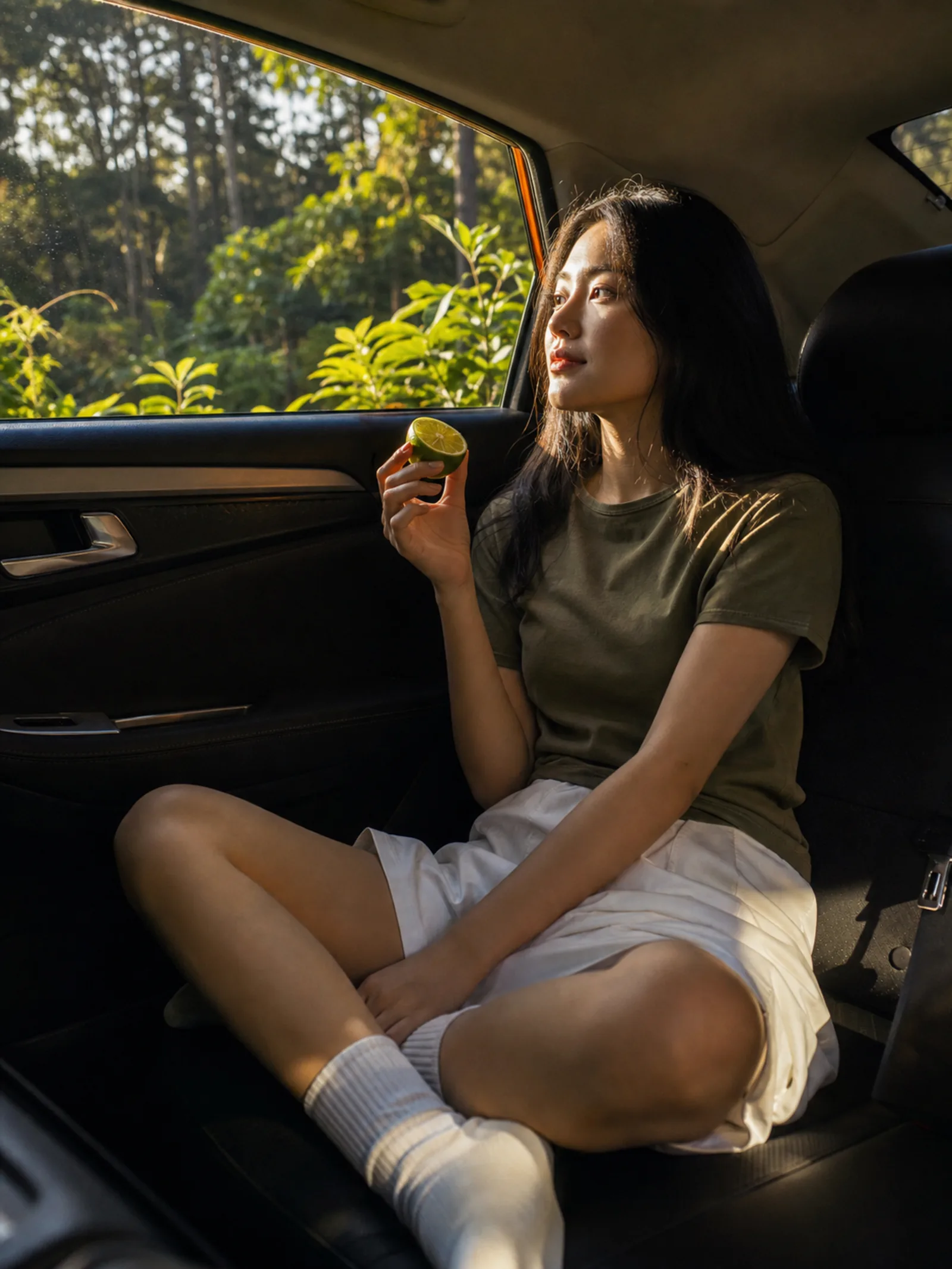 Vertical film portrait inside car, young