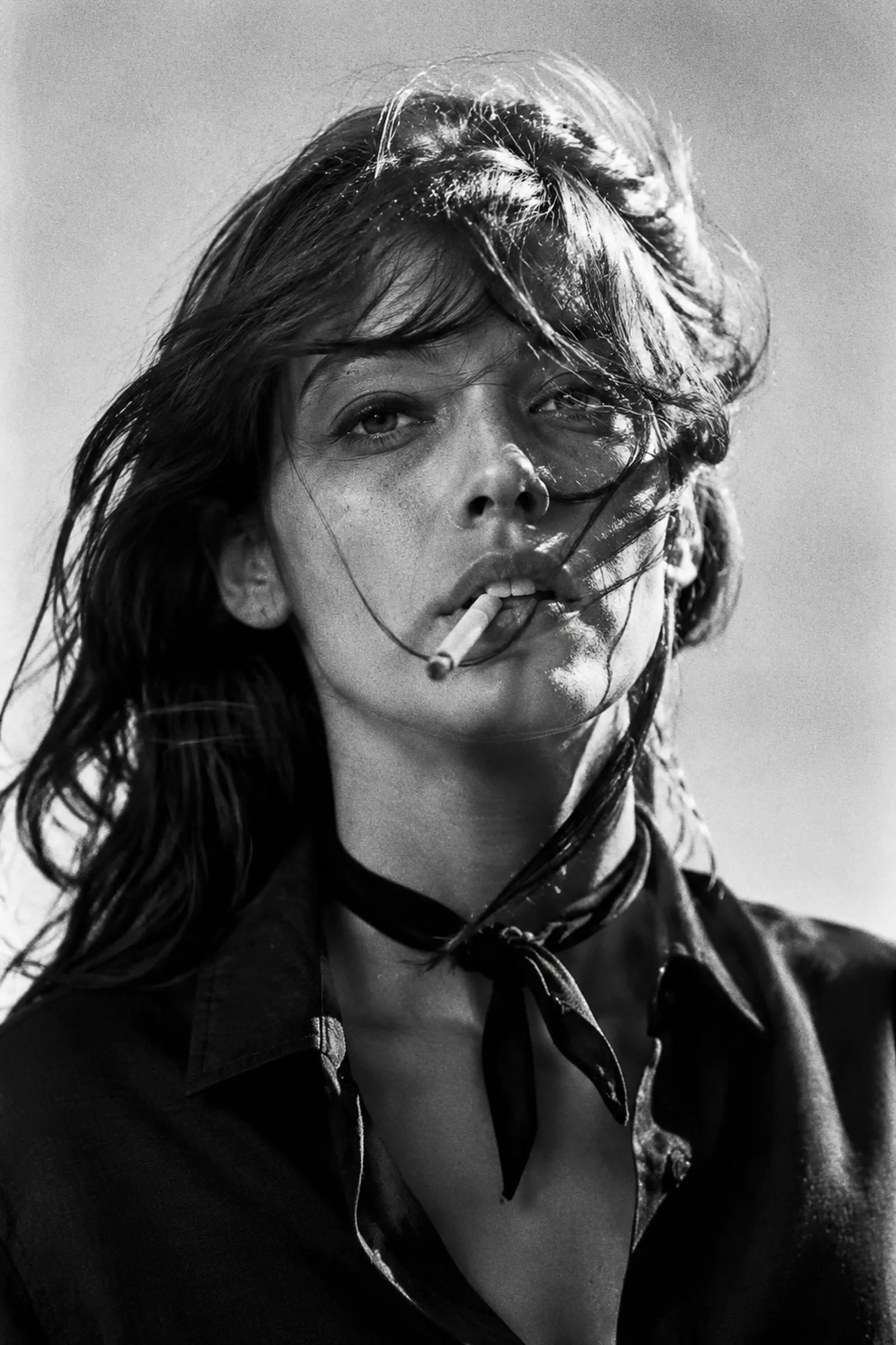Create a 1970s black-and-white close-up 