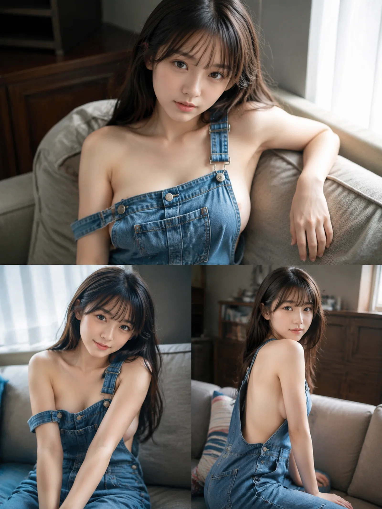 wearing denim overalls over bare skin, b