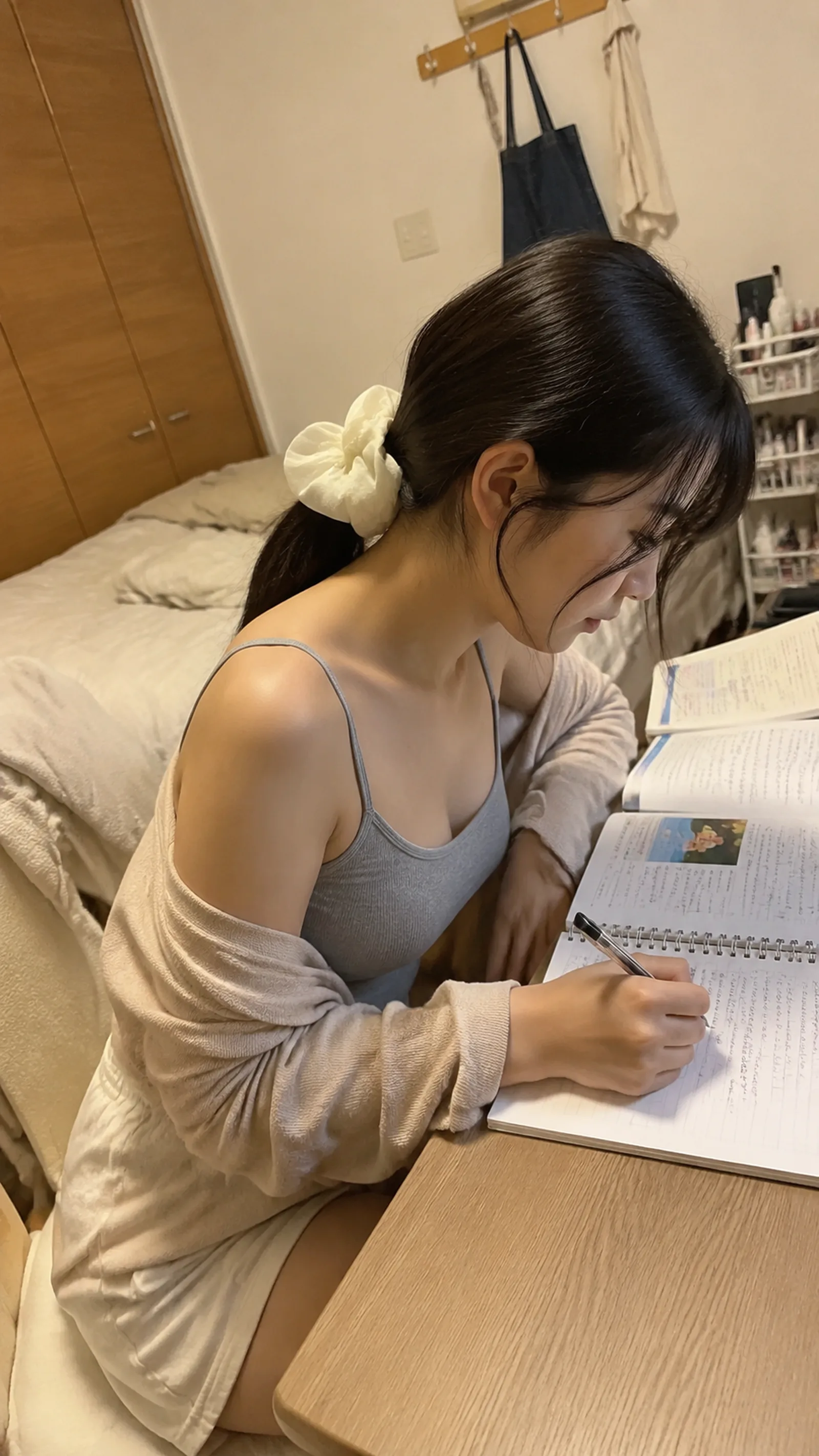日本のワンルームマンションの室内。20代くらいの日本人女性が木製デスクに座り、ノ