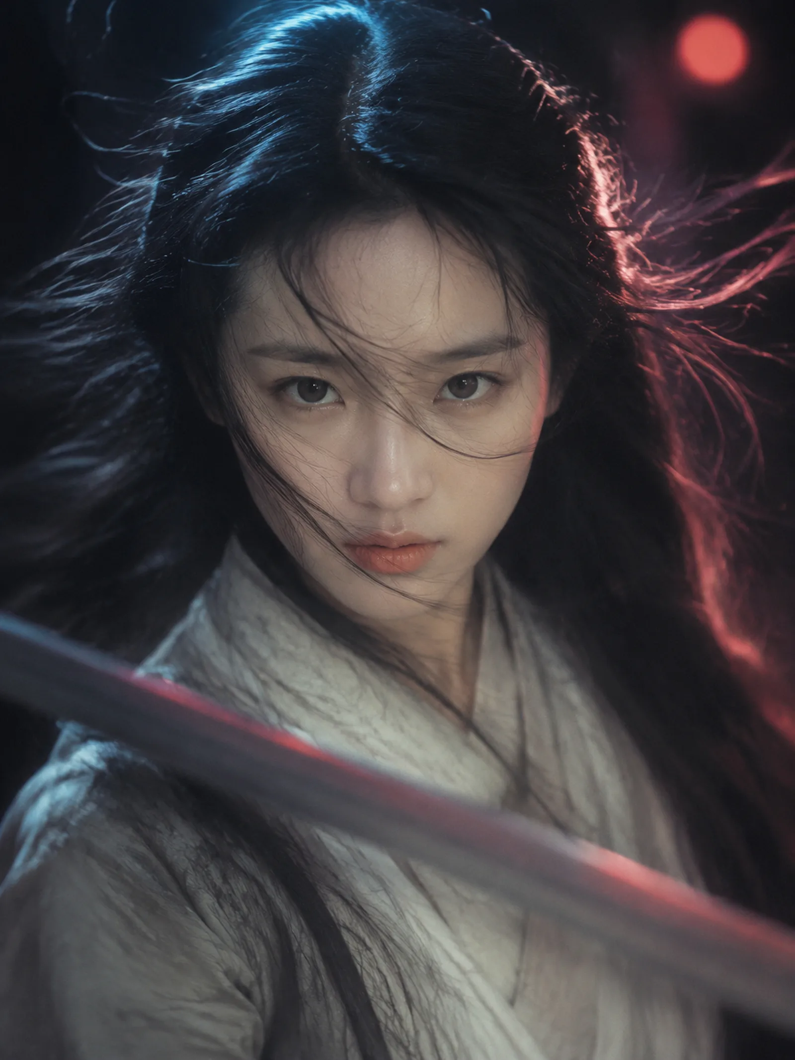 一位年轻东亚女性微微俯身，近乎正面地凝视镜头，清秀纤细的白皙面容位于幽暗模糊的背