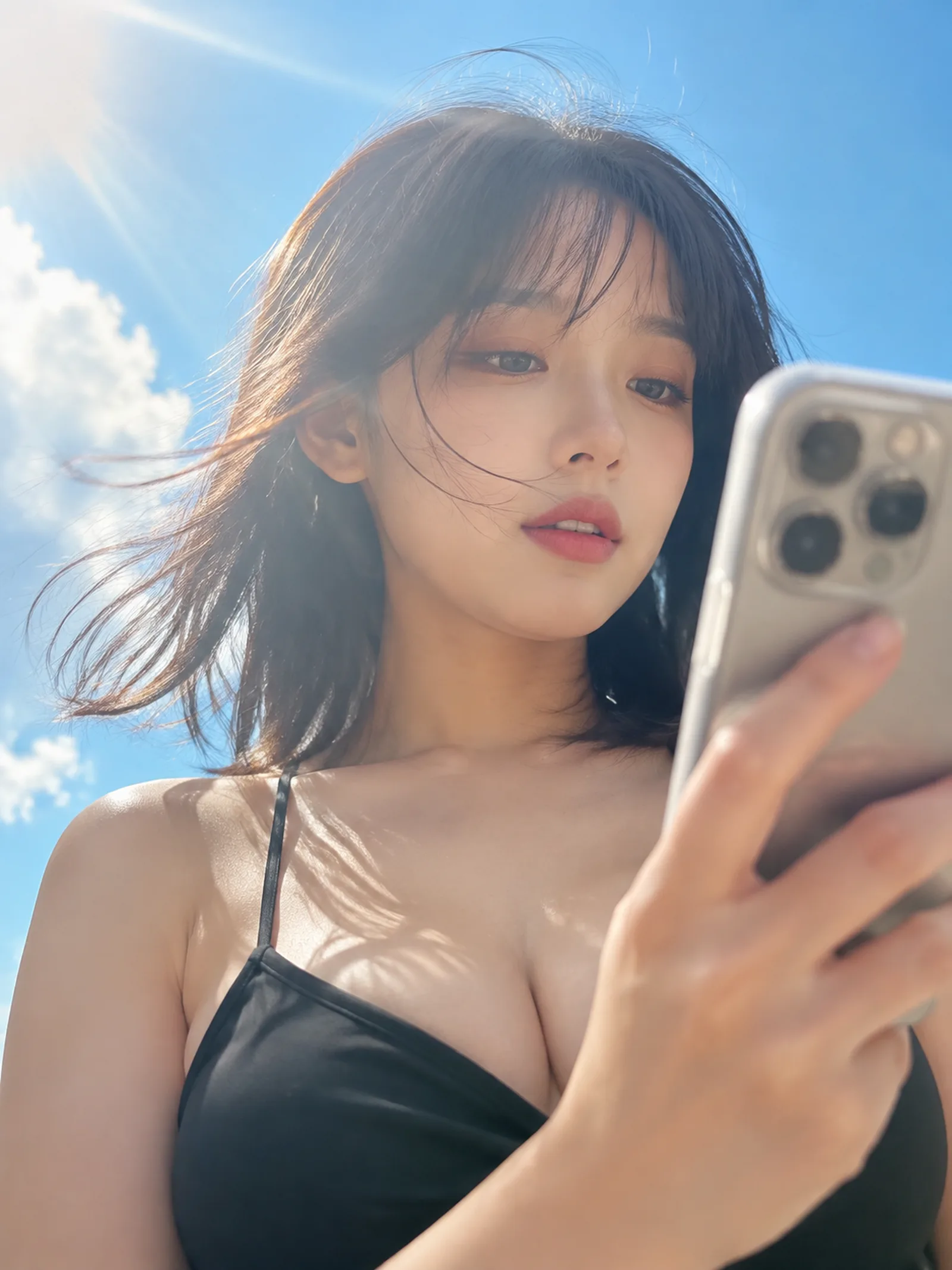 一位年轻成年东亚女性站在晴朗天空下，暖白肤色、柔和圆脸、深色杏眼，黑色及肩发配轻