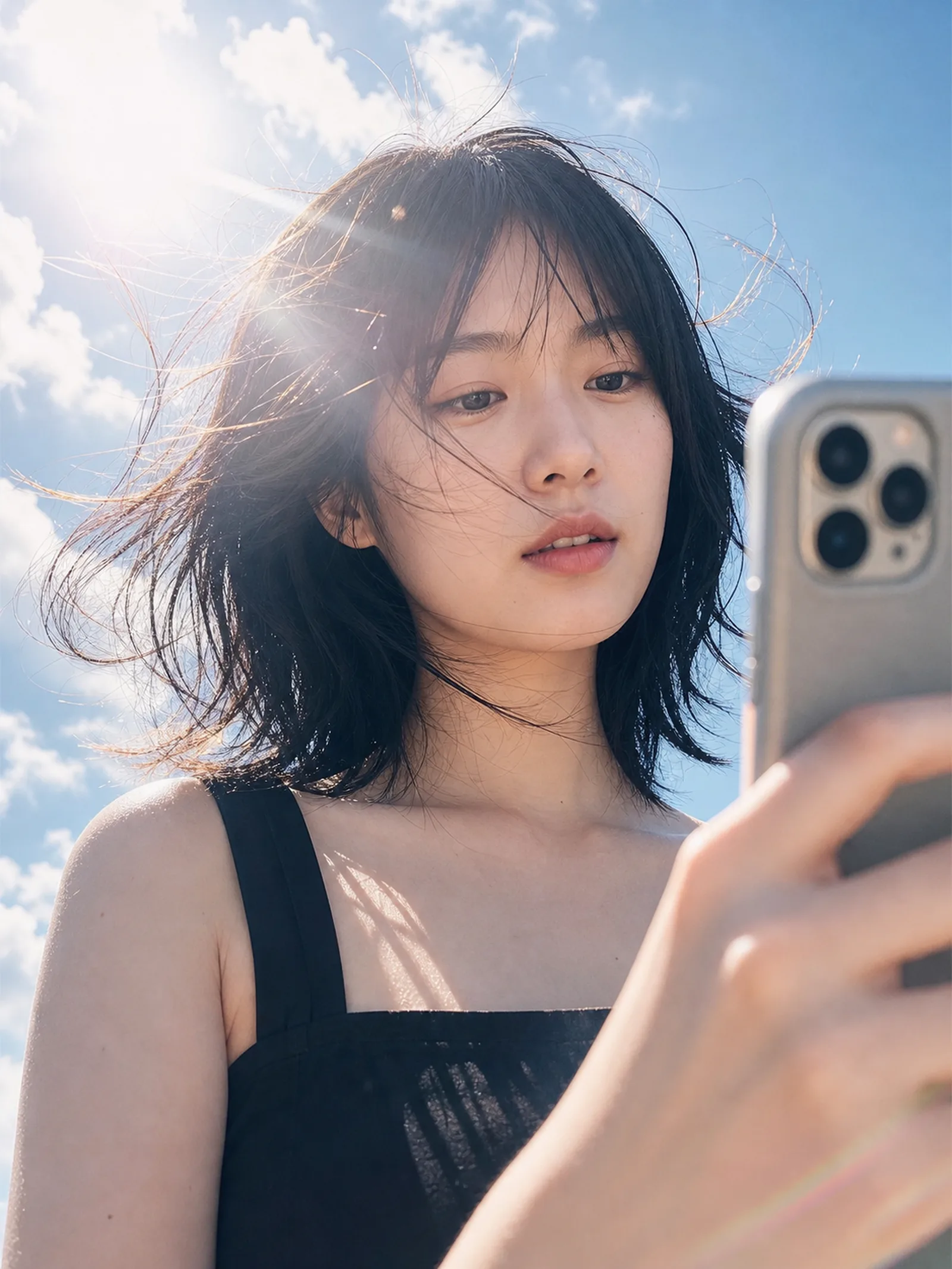 A young adult East Asian woman stands be