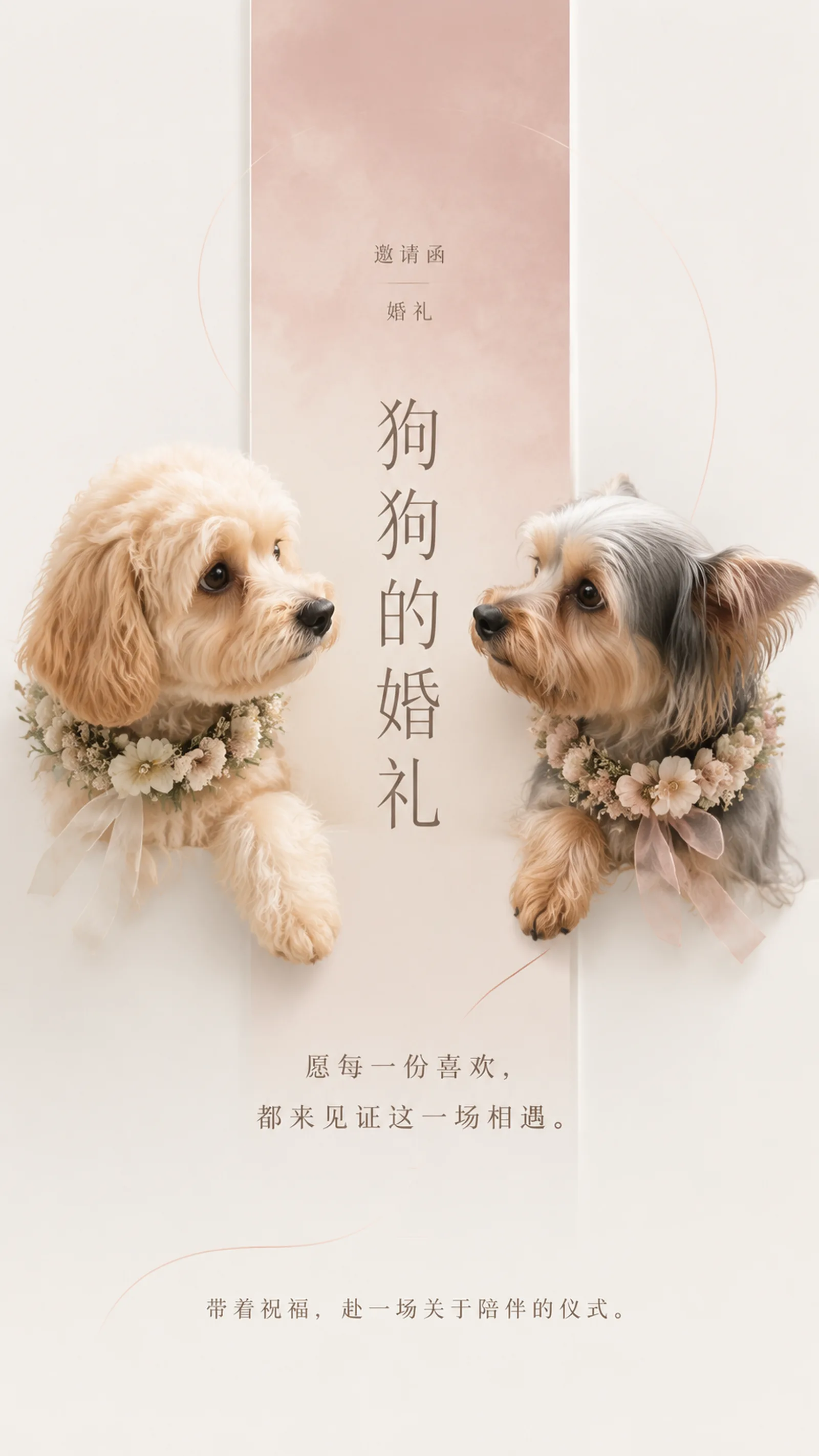 设计一张 9:16 竖版、用于手机社交分享的宠物主题婚礼邀请函。它服务于收到邀请