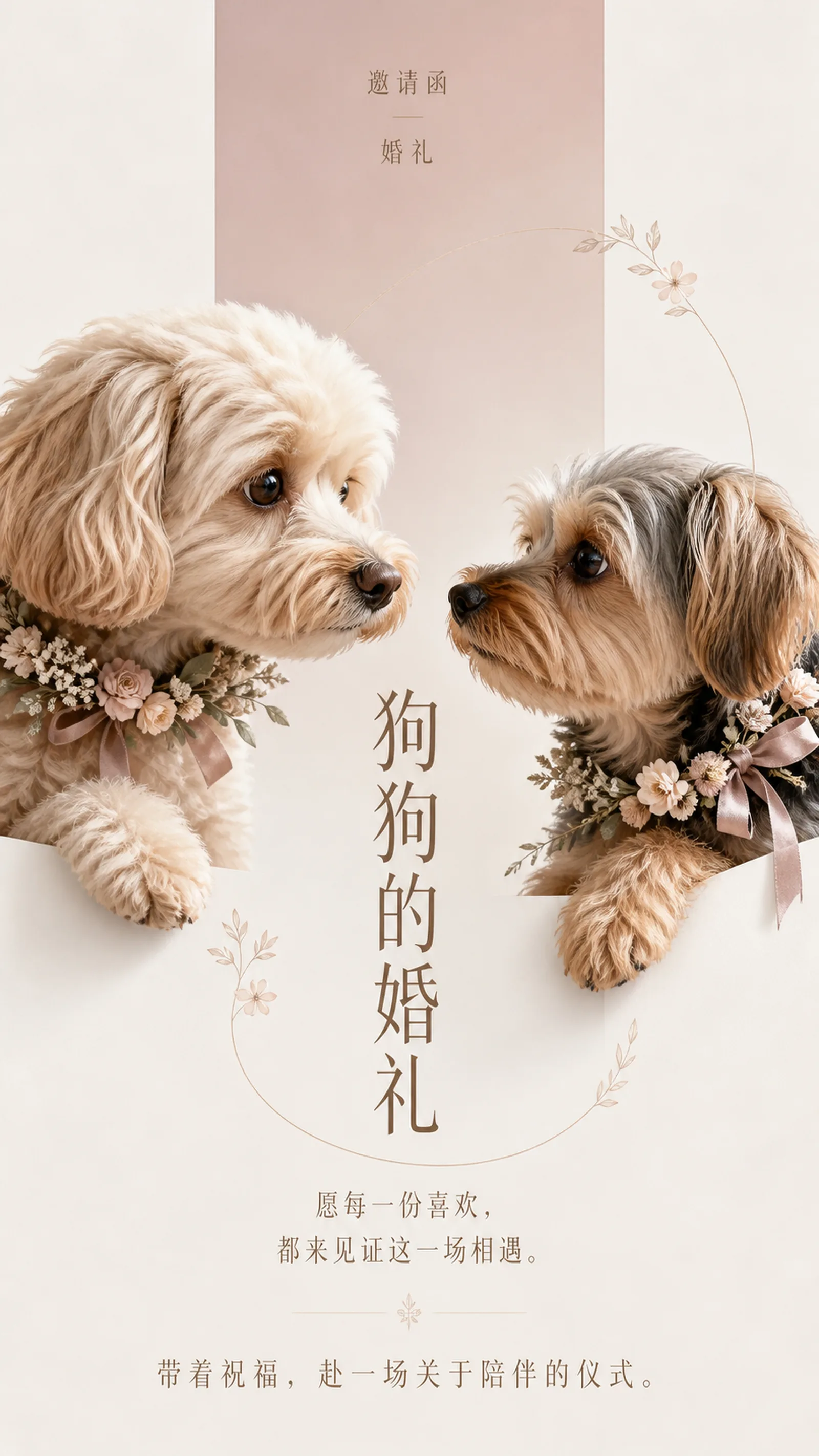 设计一张 9:16 竖版、用于手机社交分享的宠物主题婚礼邀请函。它服务于收到邀请