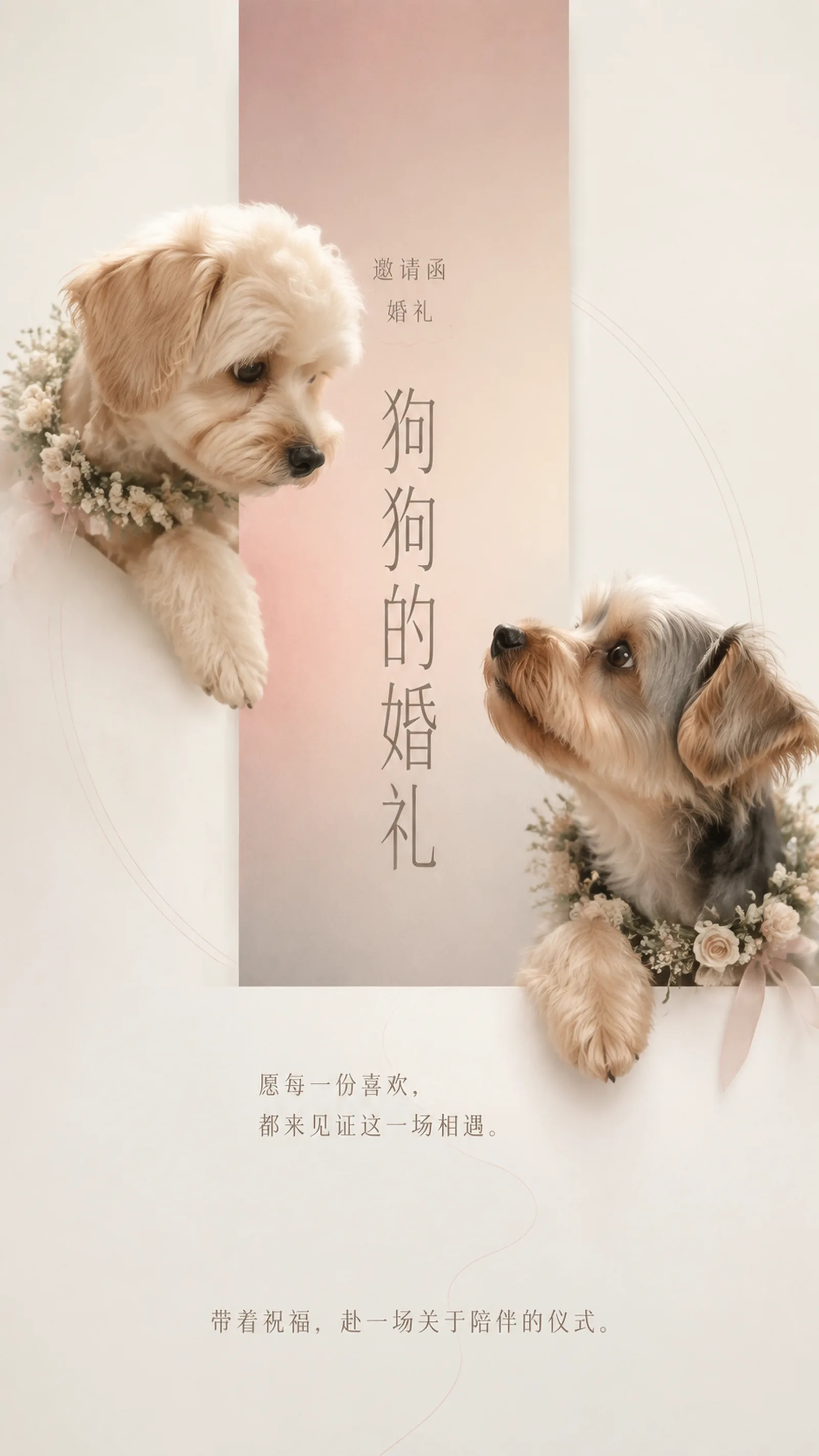 设计一张 9:16 竖版、用于手机社交分享的宠物主题婚礼邀请函。它服务于收到邀请