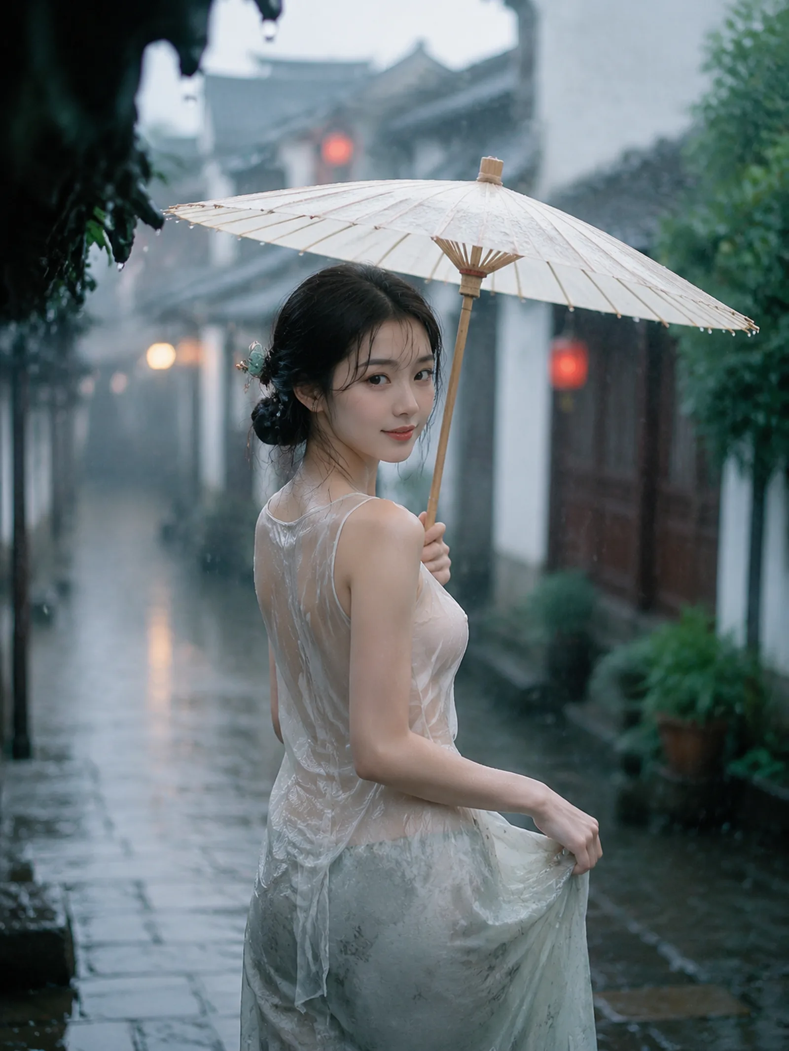 清新江南古风写真，年轻漂亮东方女生，温柔鹅蛋脸，精致淡眉，大眼睛，小巧嘴唇，柔和