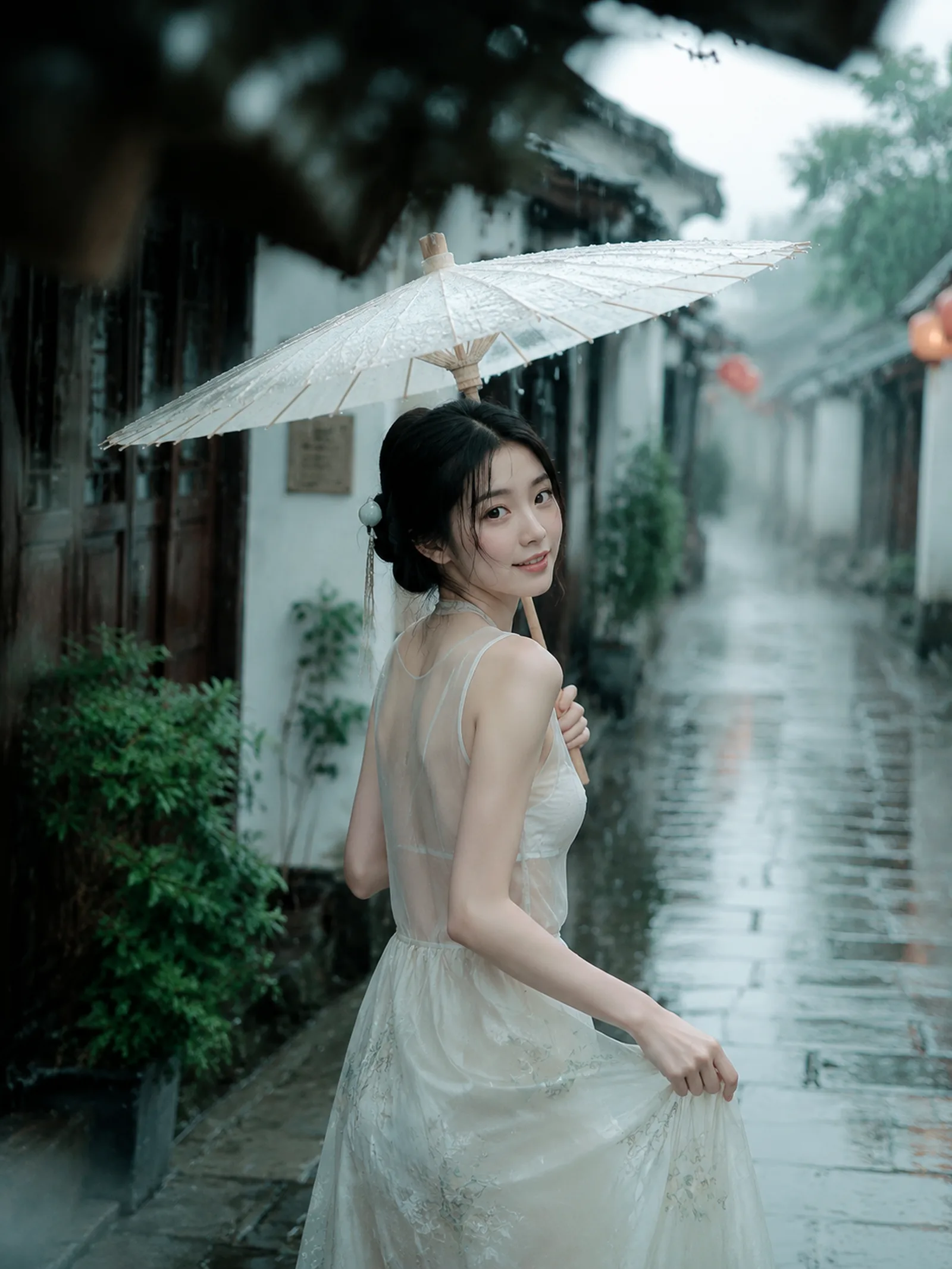 清新江南古风写真，年轻漂亮东方女生，温柔鹅蛋脸，精致淡眉，大眼睛，小巧嘴唇，柔和