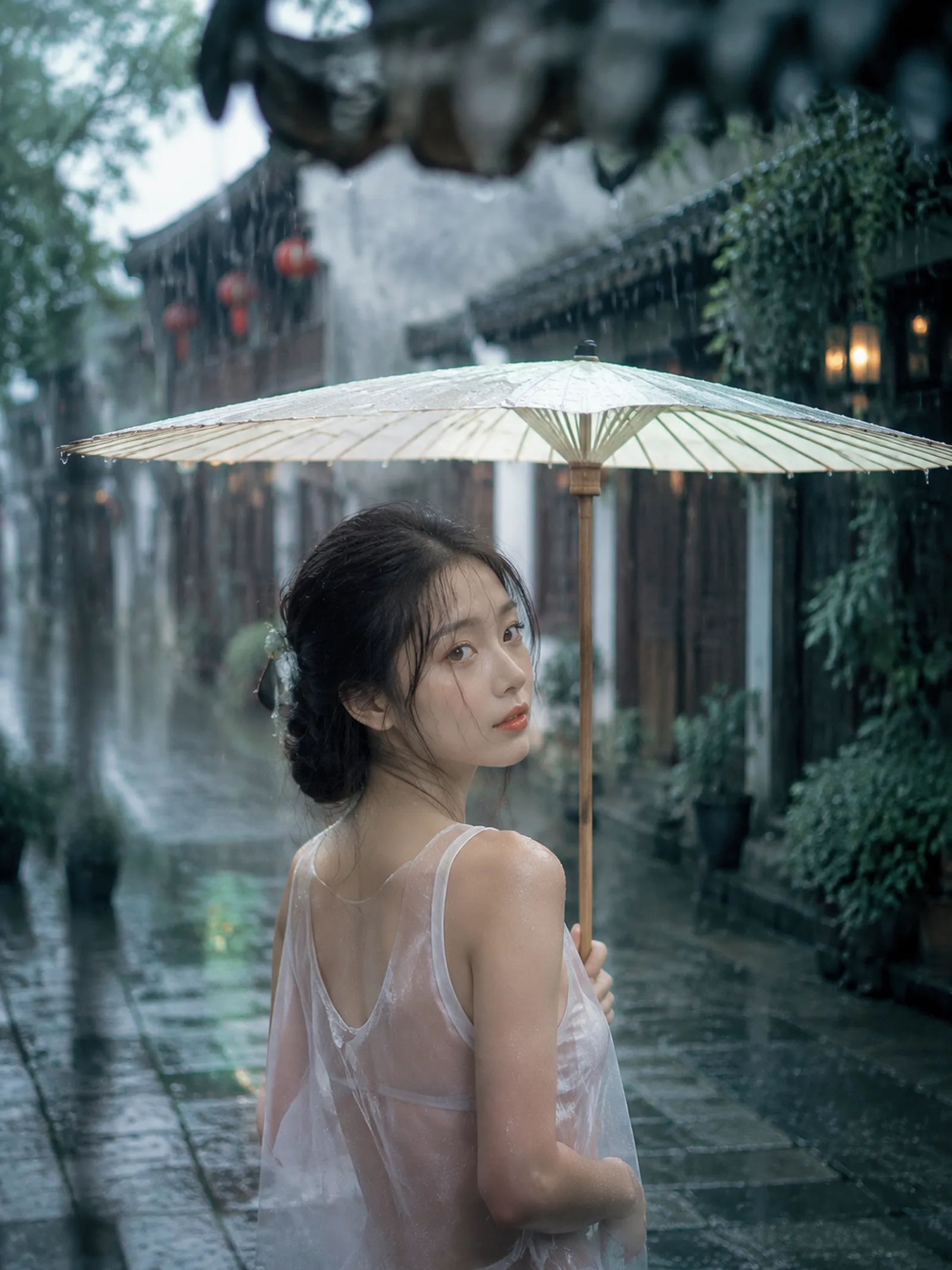 清新江南古风写真，年轻漂亮东方女生，温柔鹅蛋脸，精致淡眉，大眼睛，小巧嘴唇，柔和
