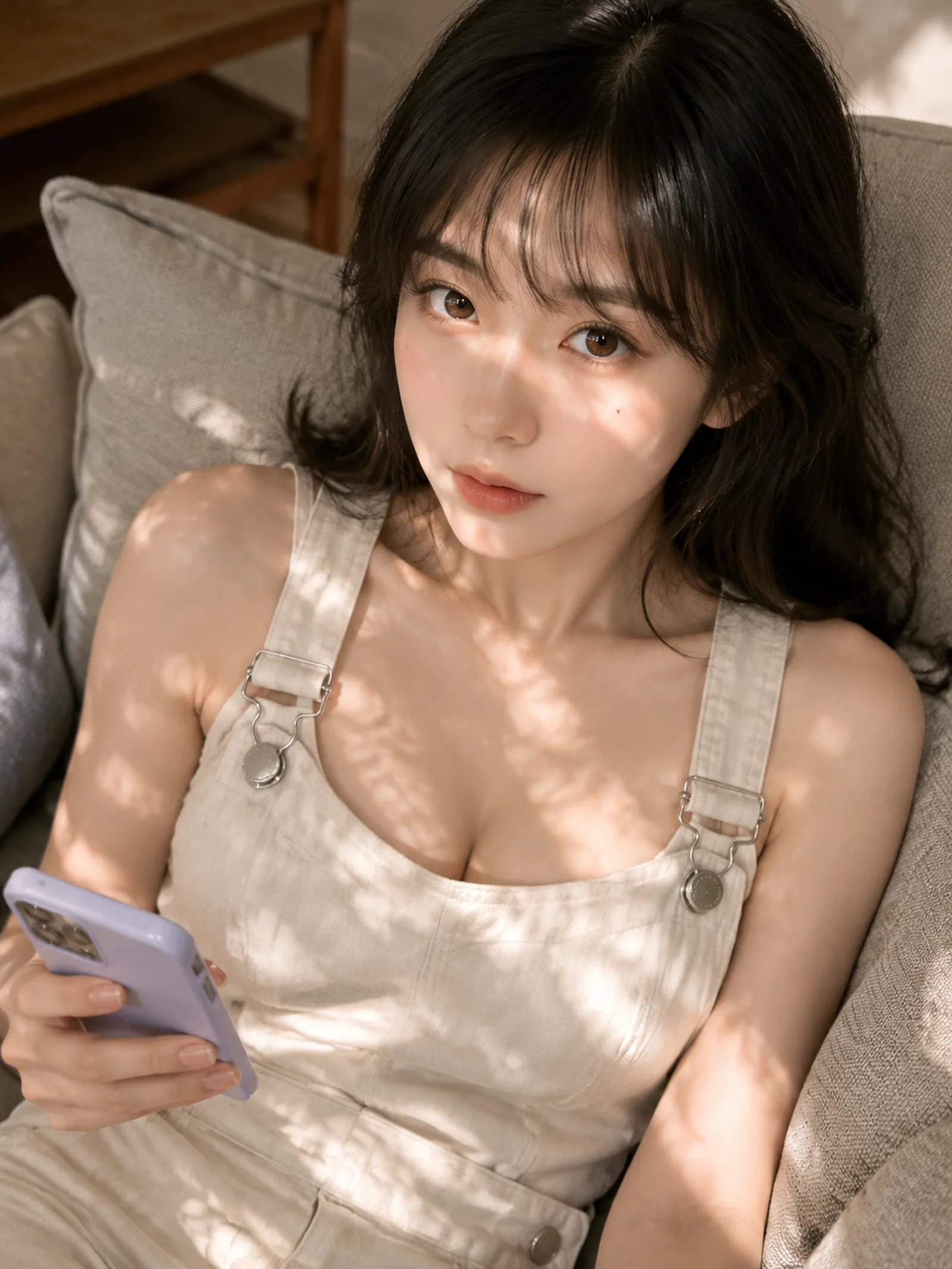 A young adult woman reclines slightly am
