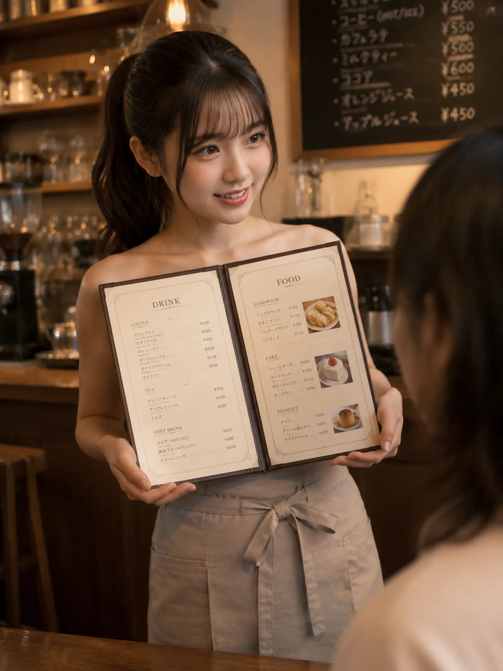 3:4縦長、腰エプロン、喫茶店、斜め前からの構図、客にメニューの説明をしている、