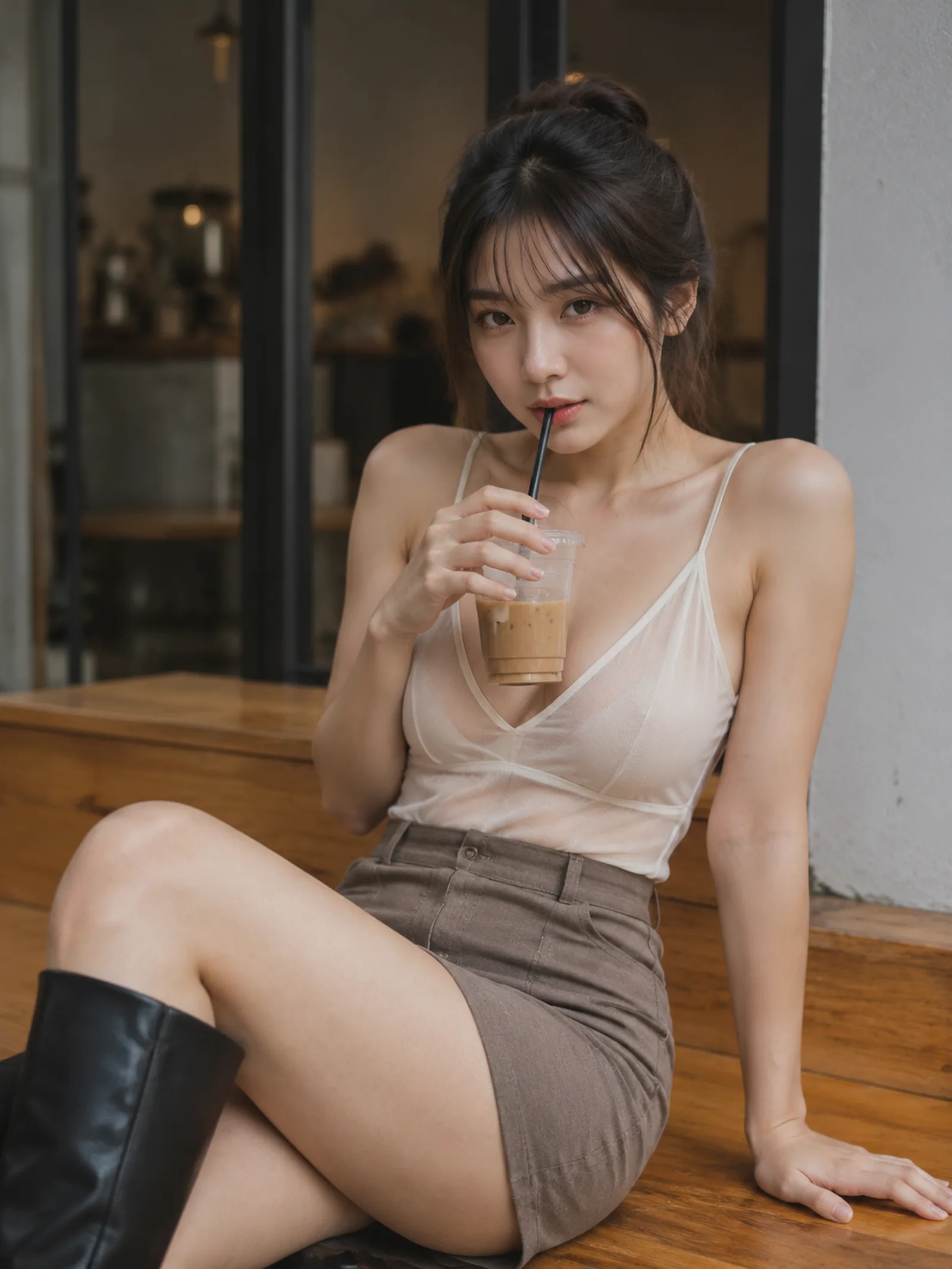 写实摄影风格，竖幅咖啡馆外景人像，一位成年女性坐在木质长椅或窗边座位上，画面从大