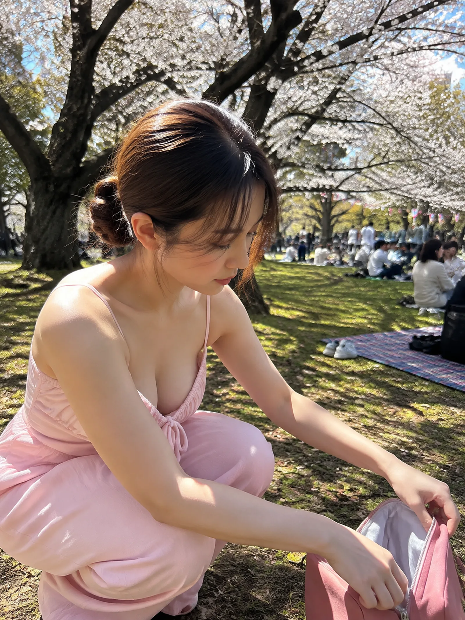 一名年轻成年东亚女性在春日公园的草地上近距离蹲坐，身体朝右前方并稍向前倾，头部微