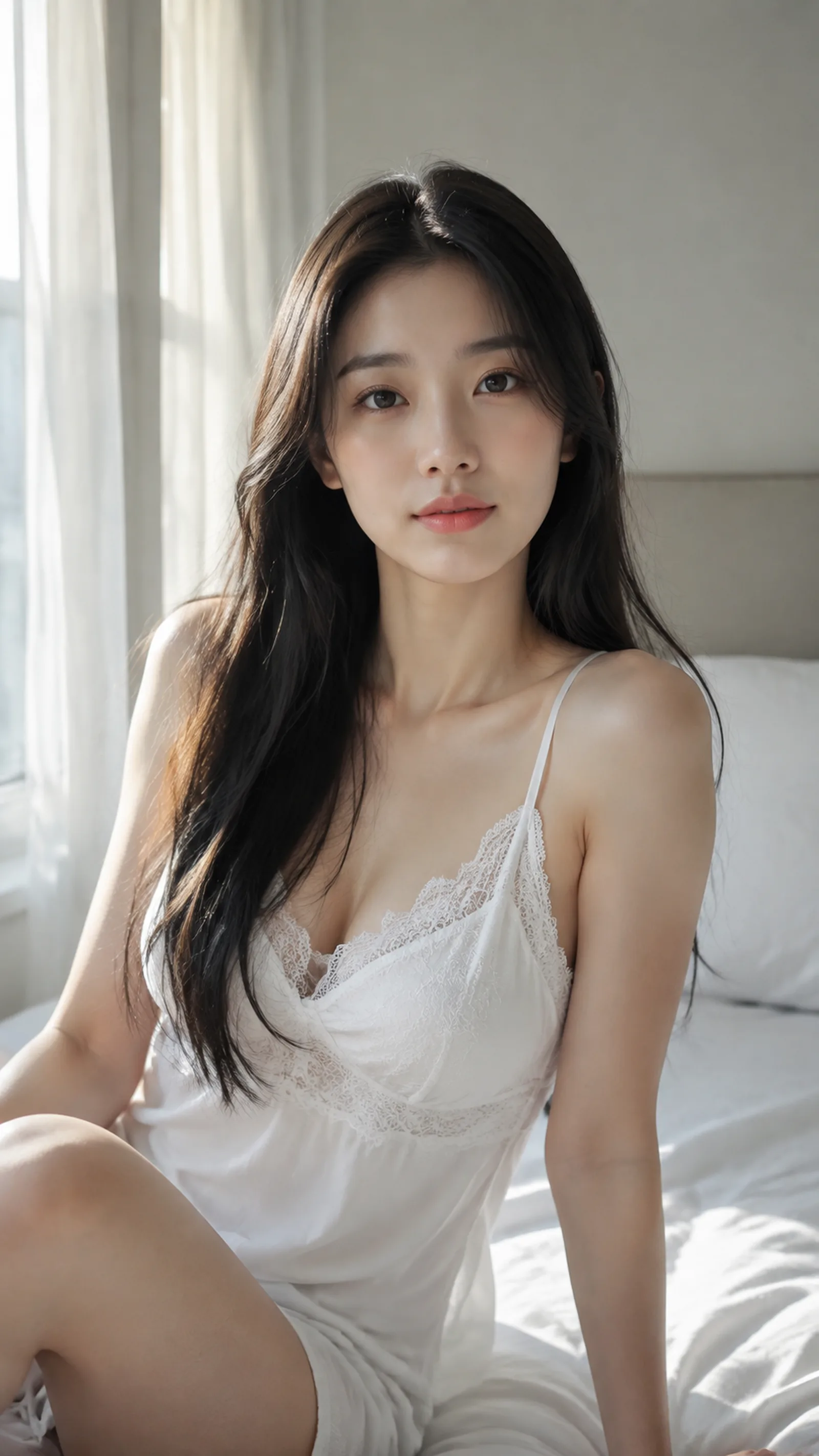 9:16 竖版真人摄影，一位成年东亚女性，长黑发自然披散，肤色白皙，五官精致柔和