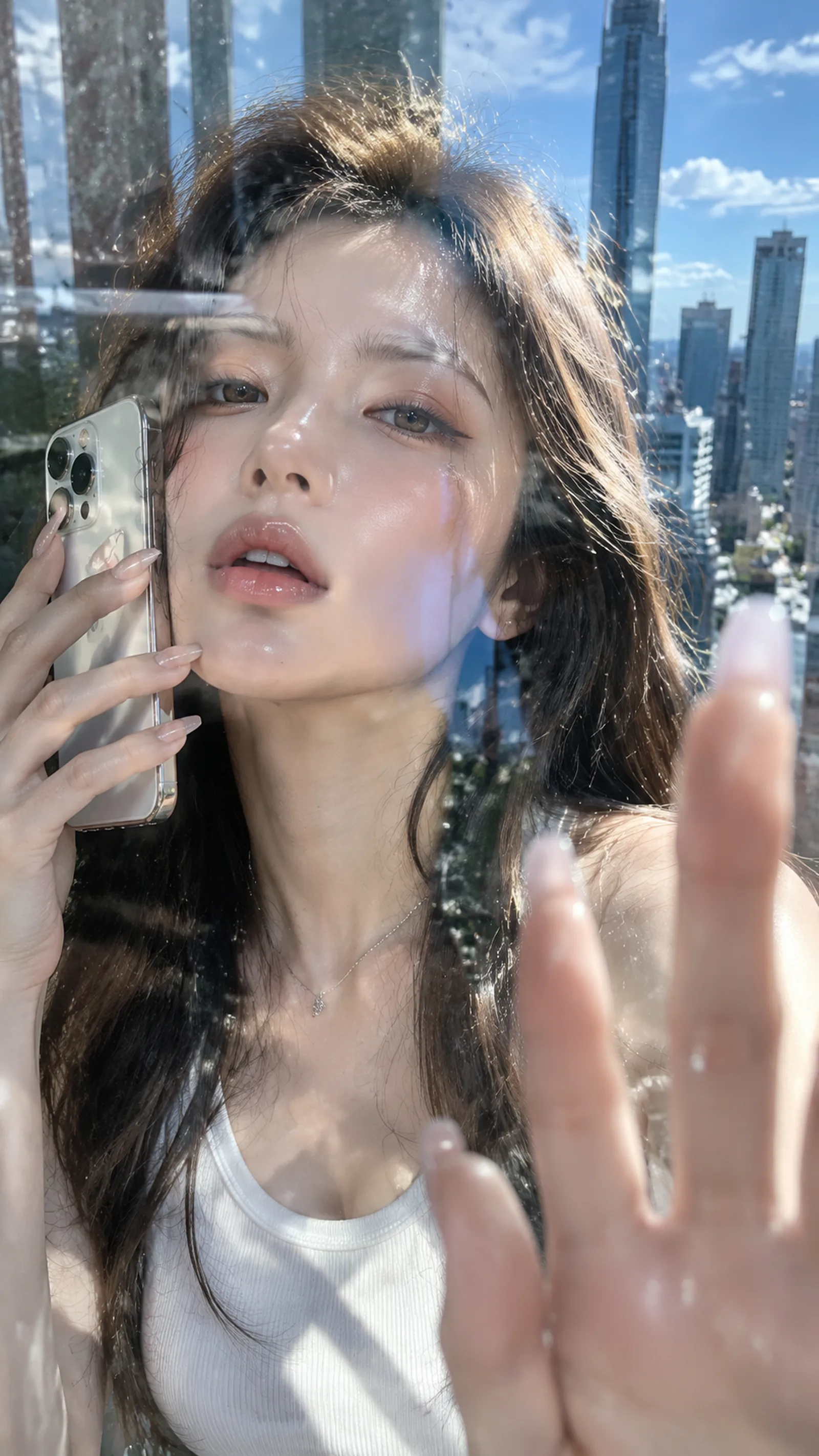 年轻亚洲女生，长黑棕色自然微卷长发，发丝被阳光照出细碎高光，精致清透妆容，暖棕色